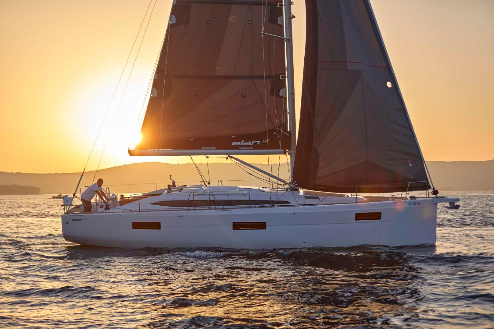 Elan-Impression 43 2024-Hard Loaded CT-US-2024 Elan Impression 43 sailboat at sunset on the open sea.-9178291 | Thumbnail