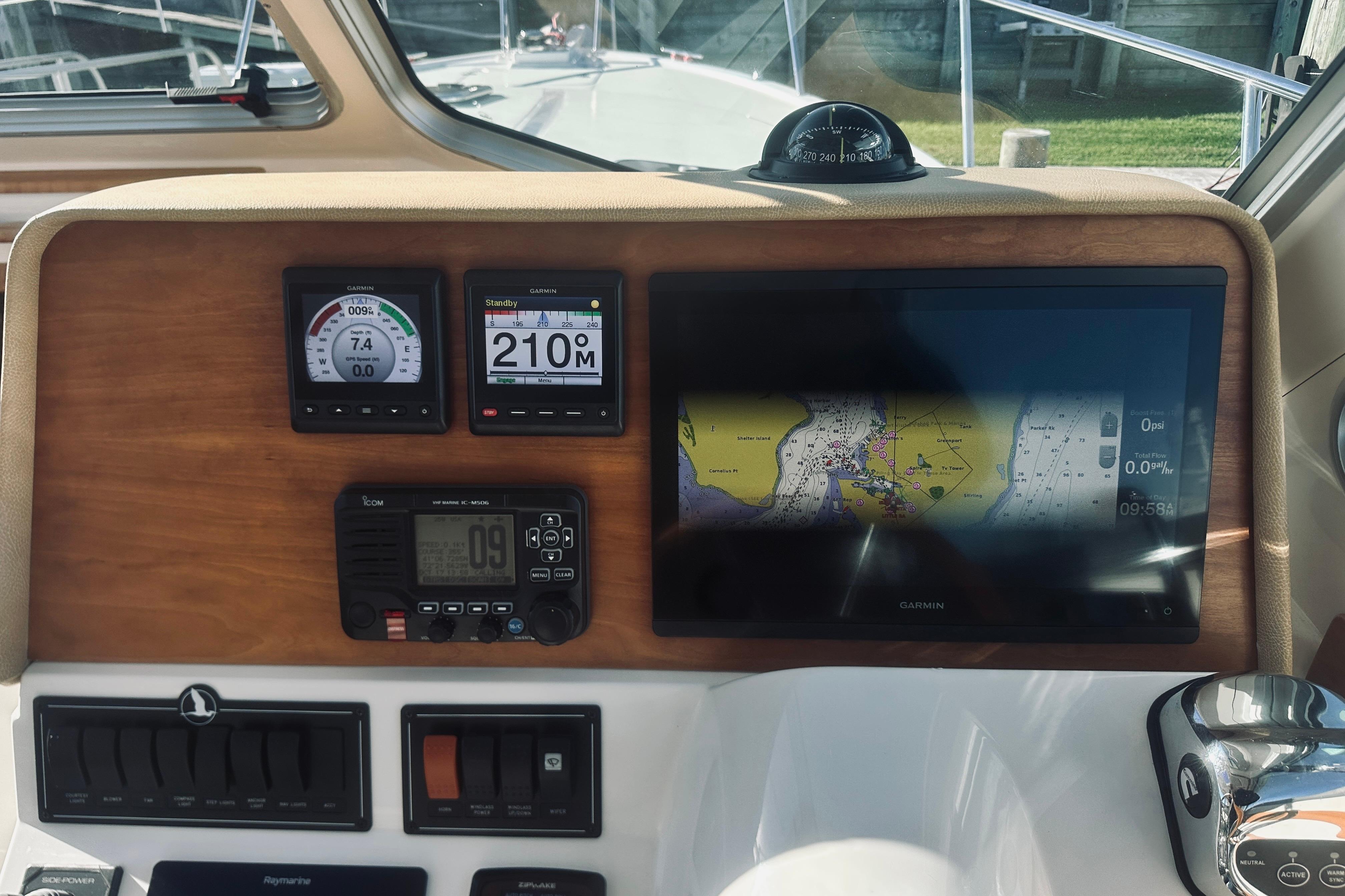 Back Cove 37 yacht dashboard with navigation and control displays, 2021 model.