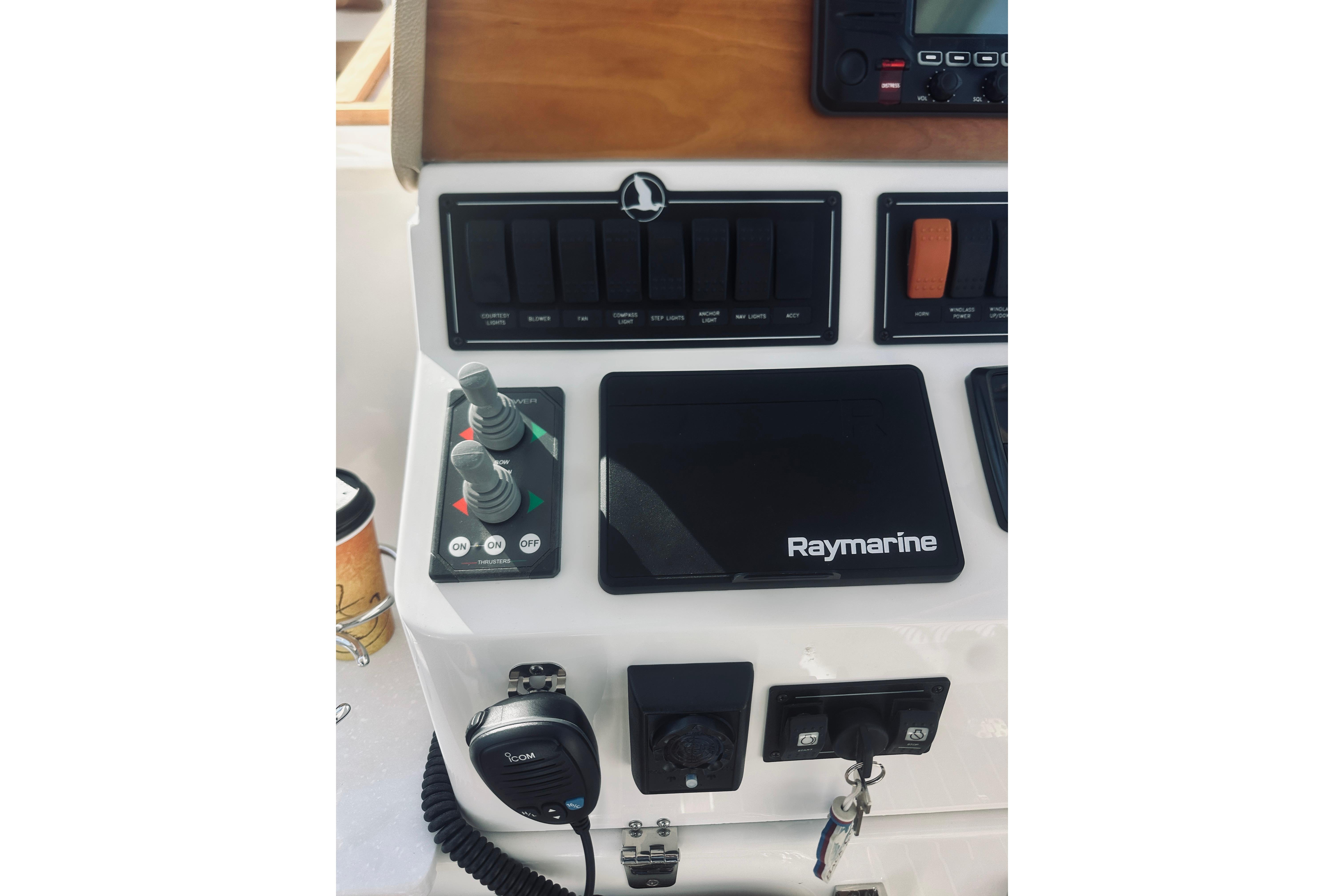 Control panel of 2021 Back Cove 37 boat with Raymarine equipment.