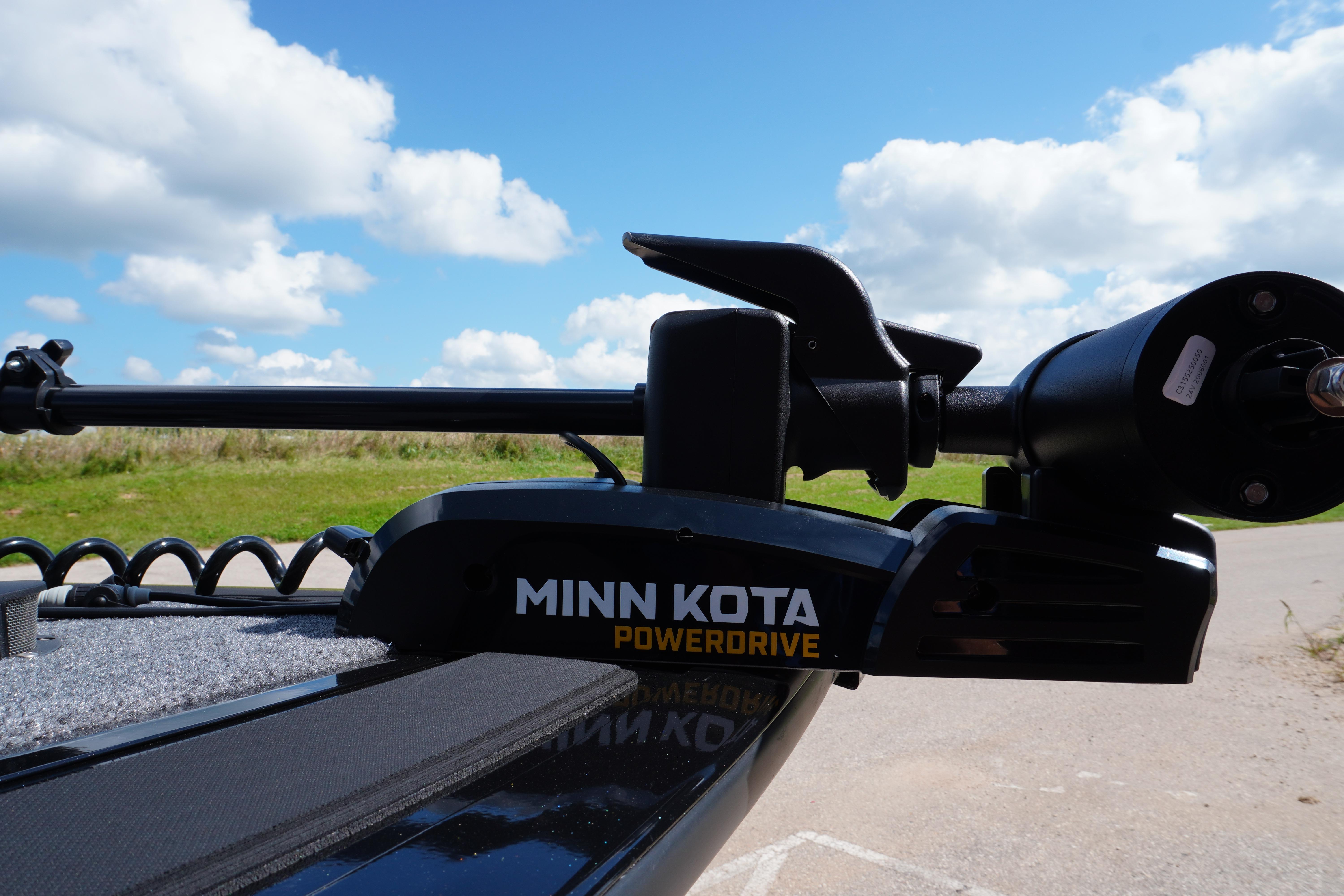 Minn Kota PowerDrive motor on 2026 Tracker Targa V-18 WT boat under blue sky.
