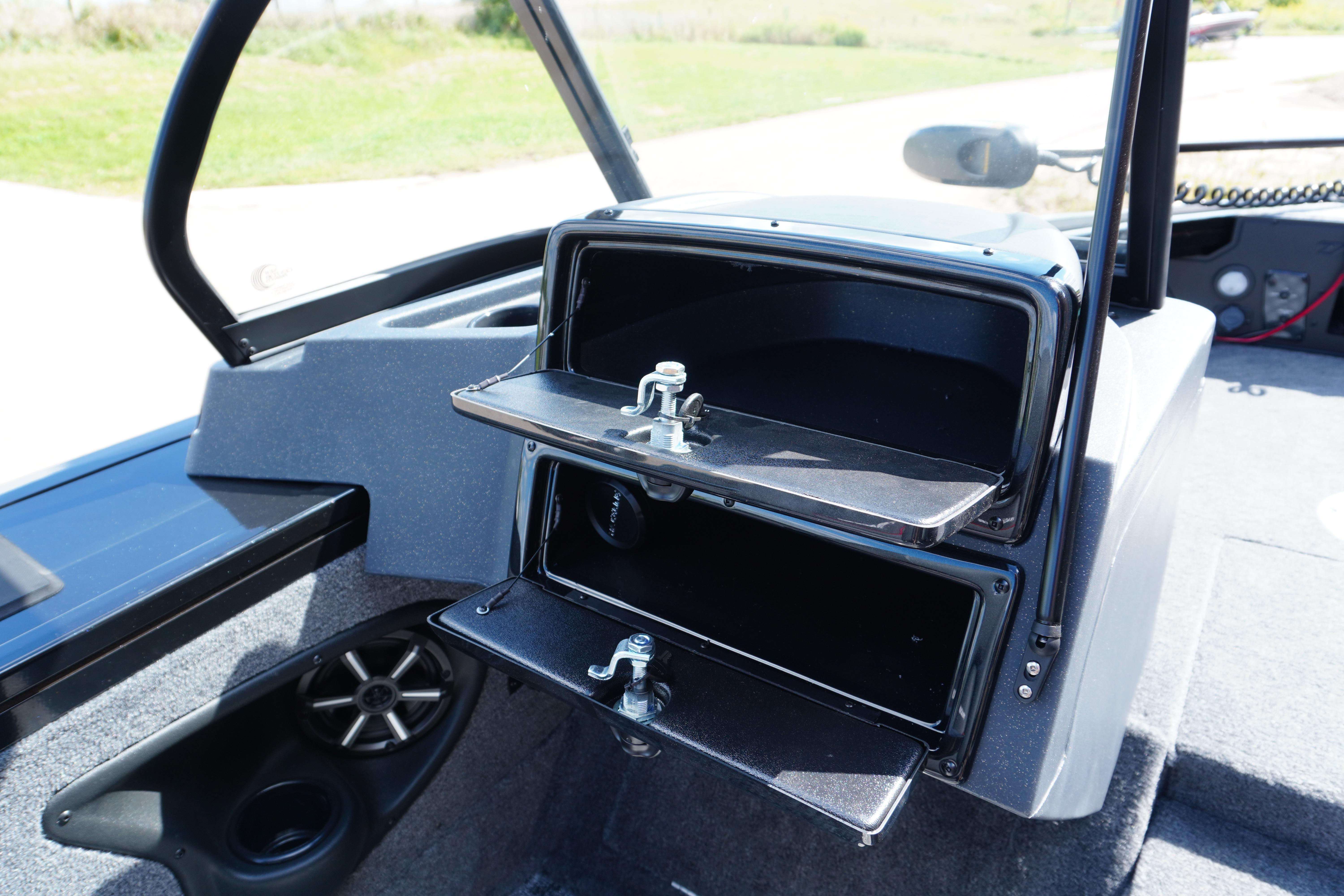 2026 Tracker Targa V-18 WT boat interior with open storage compartments.