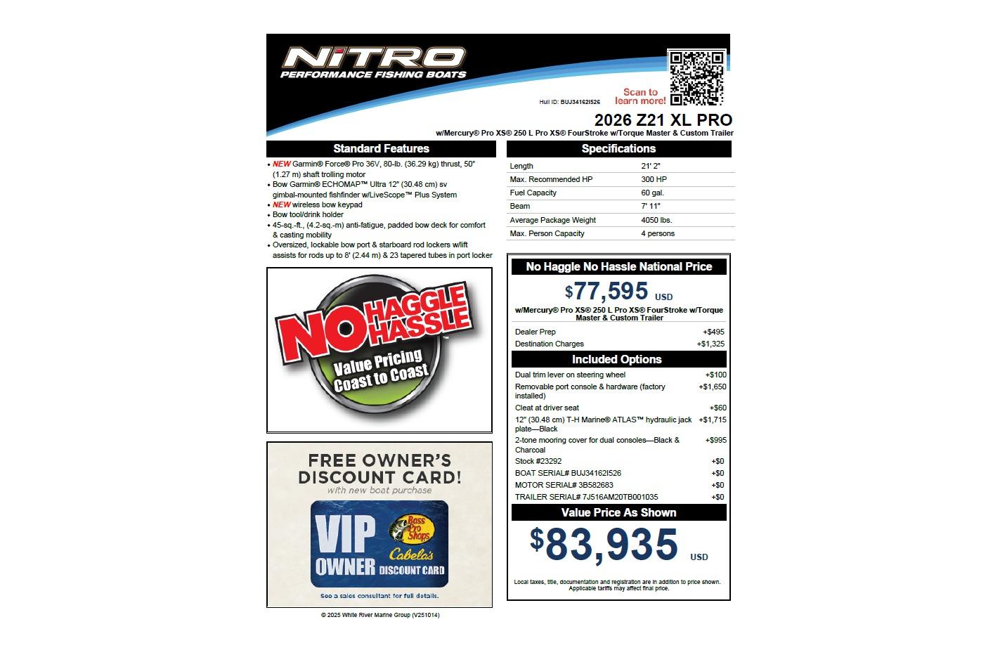 2026 Nitro Z21 XL Pro fishing boat features, pricing, and specifications sheet.