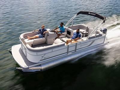 2025 Godfrey Xperience 2286 SBX pontoon boat cruising on water with passengers.