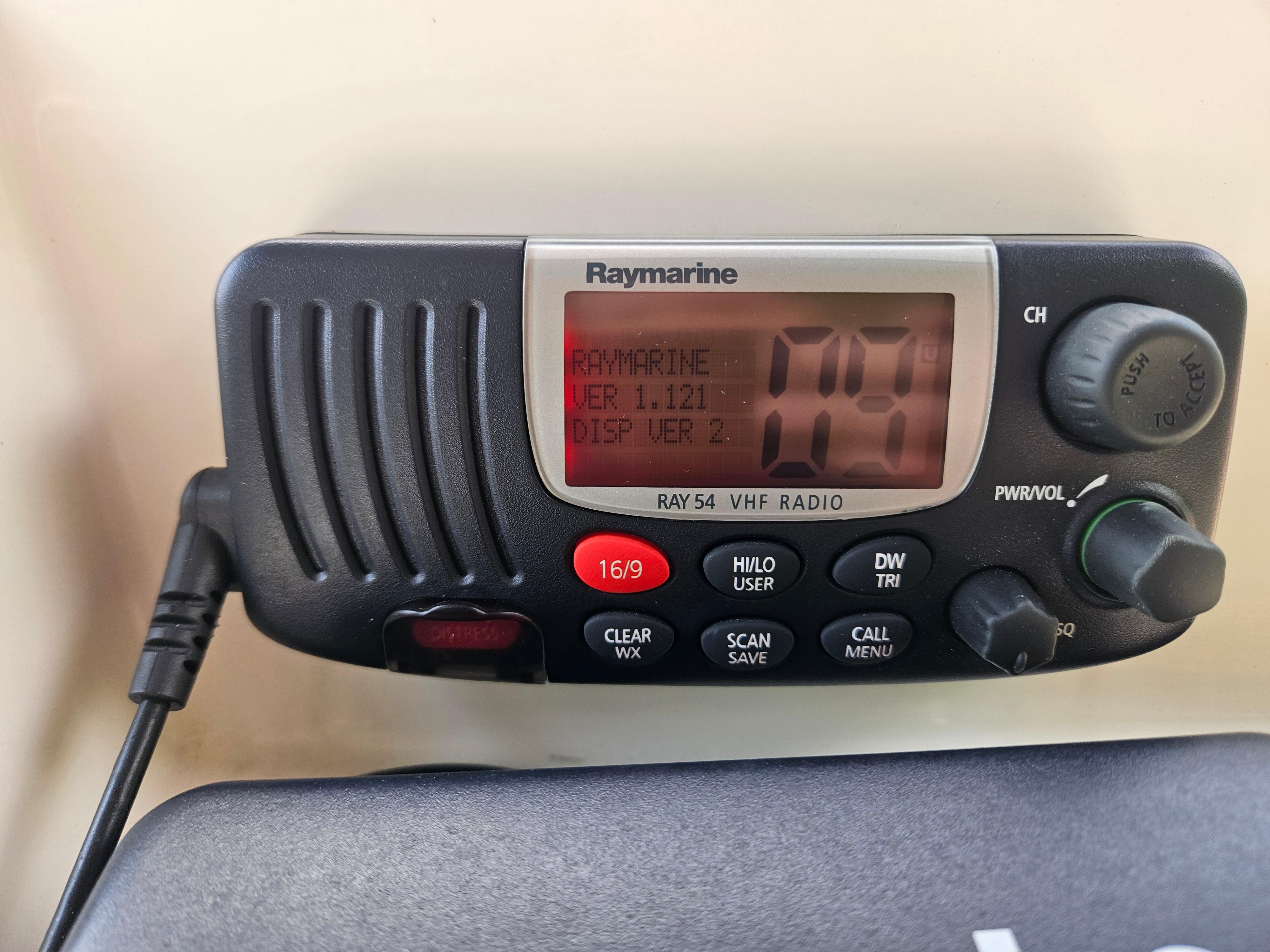 Raymarine Ray54 VHF radio on 2008 Boston Whaler 170 Montauk boat dashboard.