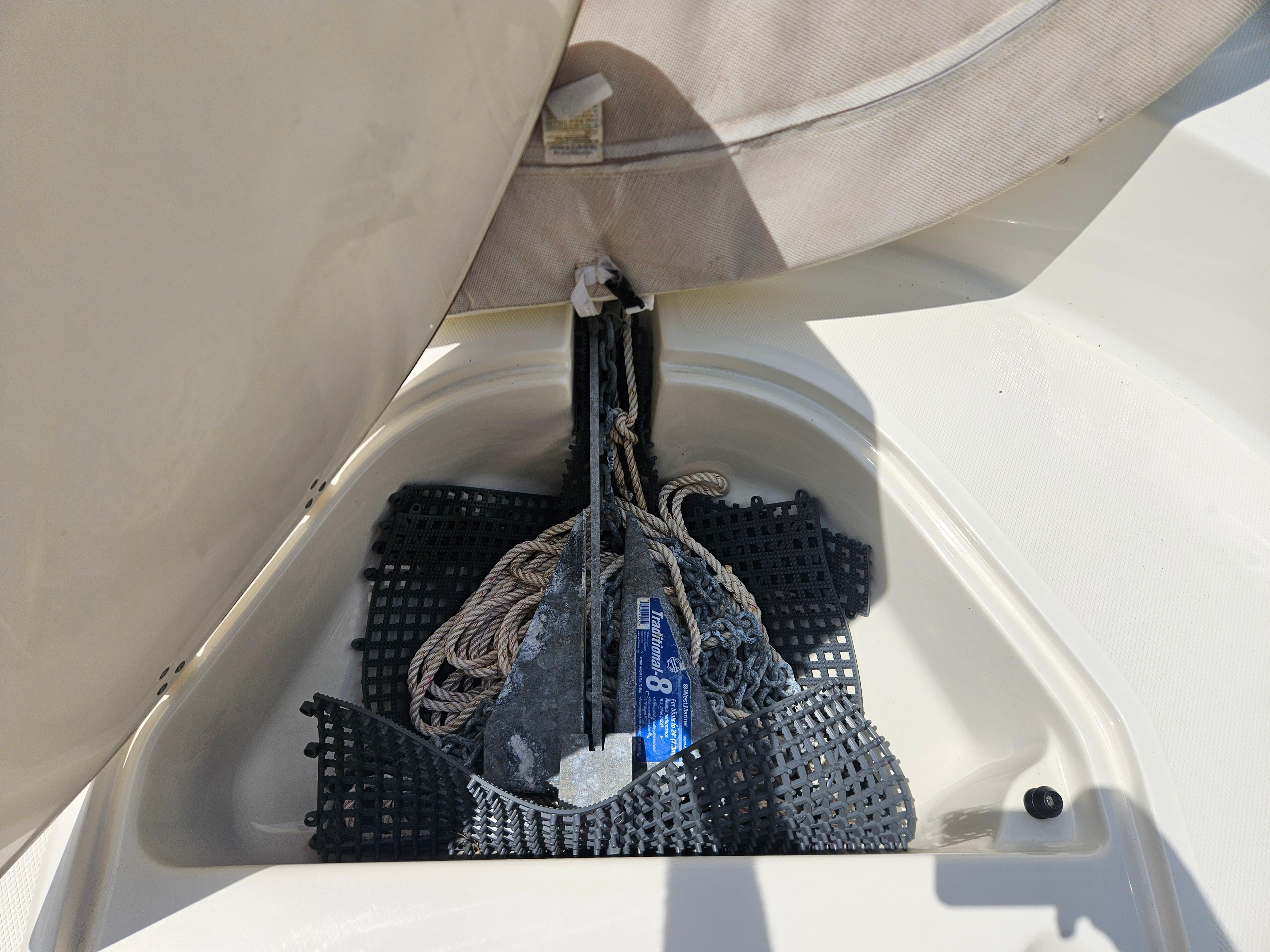 Anchor storage compartment on a 2008 Boston Whaler 170 Montauk boat.