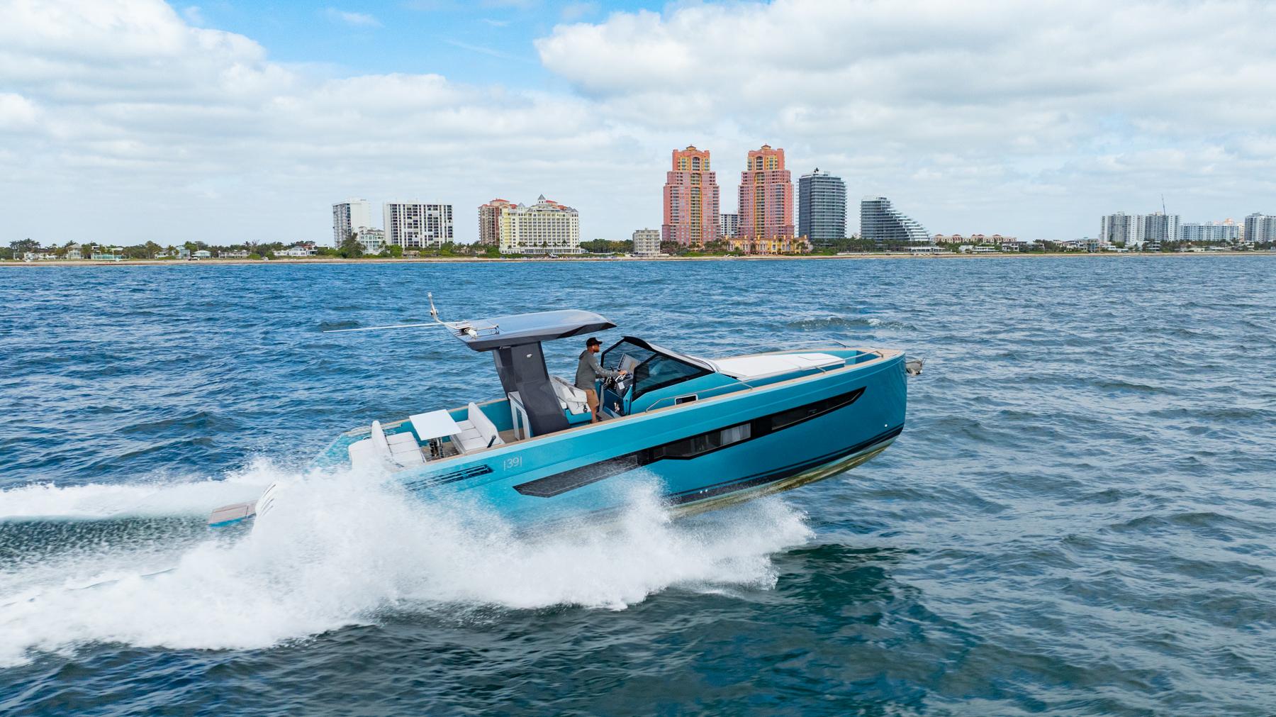 Fiart-39 Seawalker 2024-STRADE BLU FL-US-2024 Fiart 39 Seawalker cruising on ocean near city skyline.-9758537 | Thumbnail