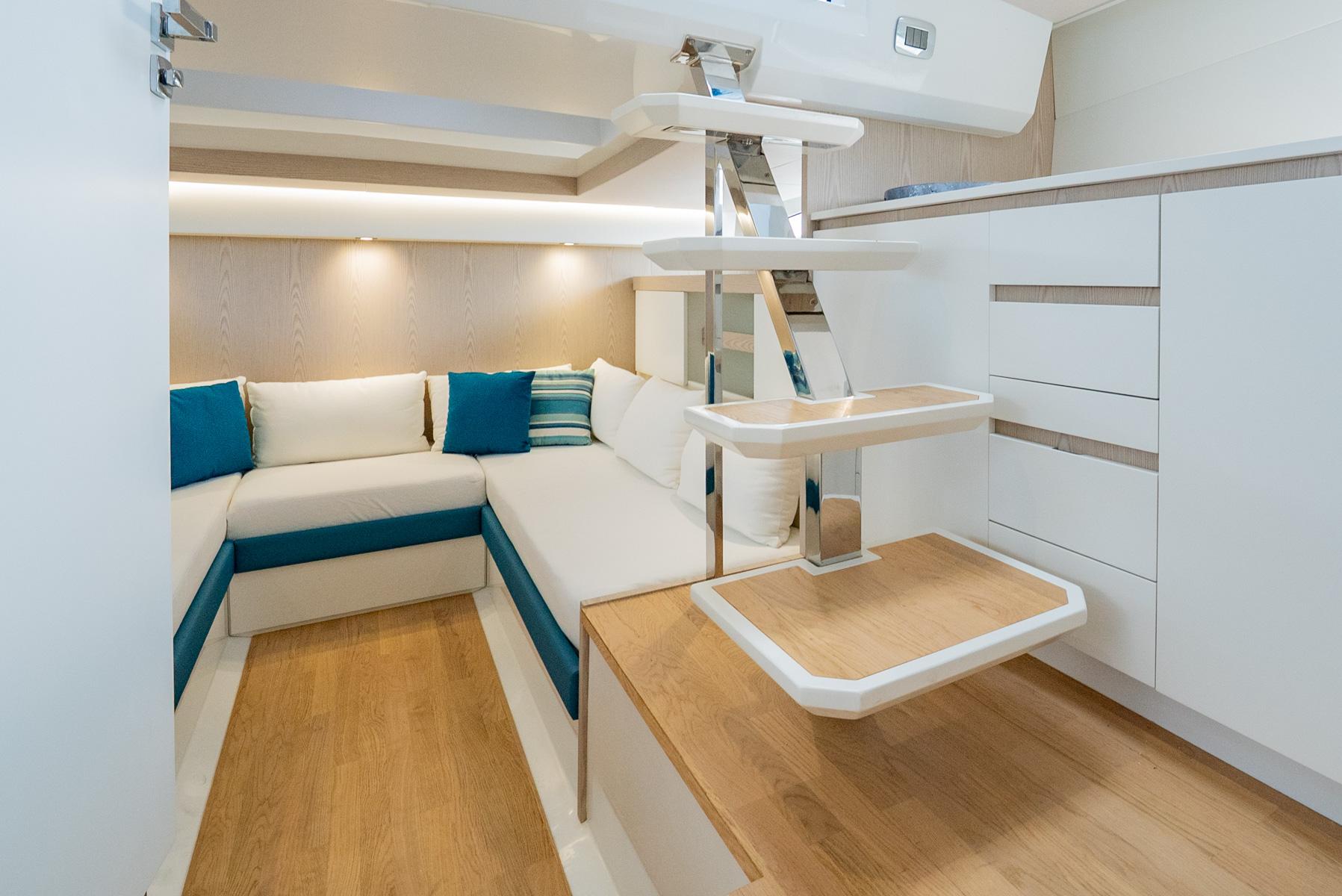Fiart-39 Seawalker 2024-STRADE BLU FL-US-2024 Fiart 39 Seawalker interior with modern seating and wooden flooring.-9758537 | Thumbnail