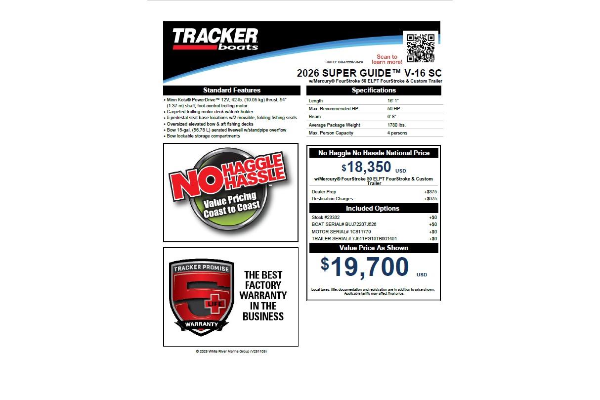2026 Tracker Super Guide V-16 SC boat features, pricing, and warranty details.