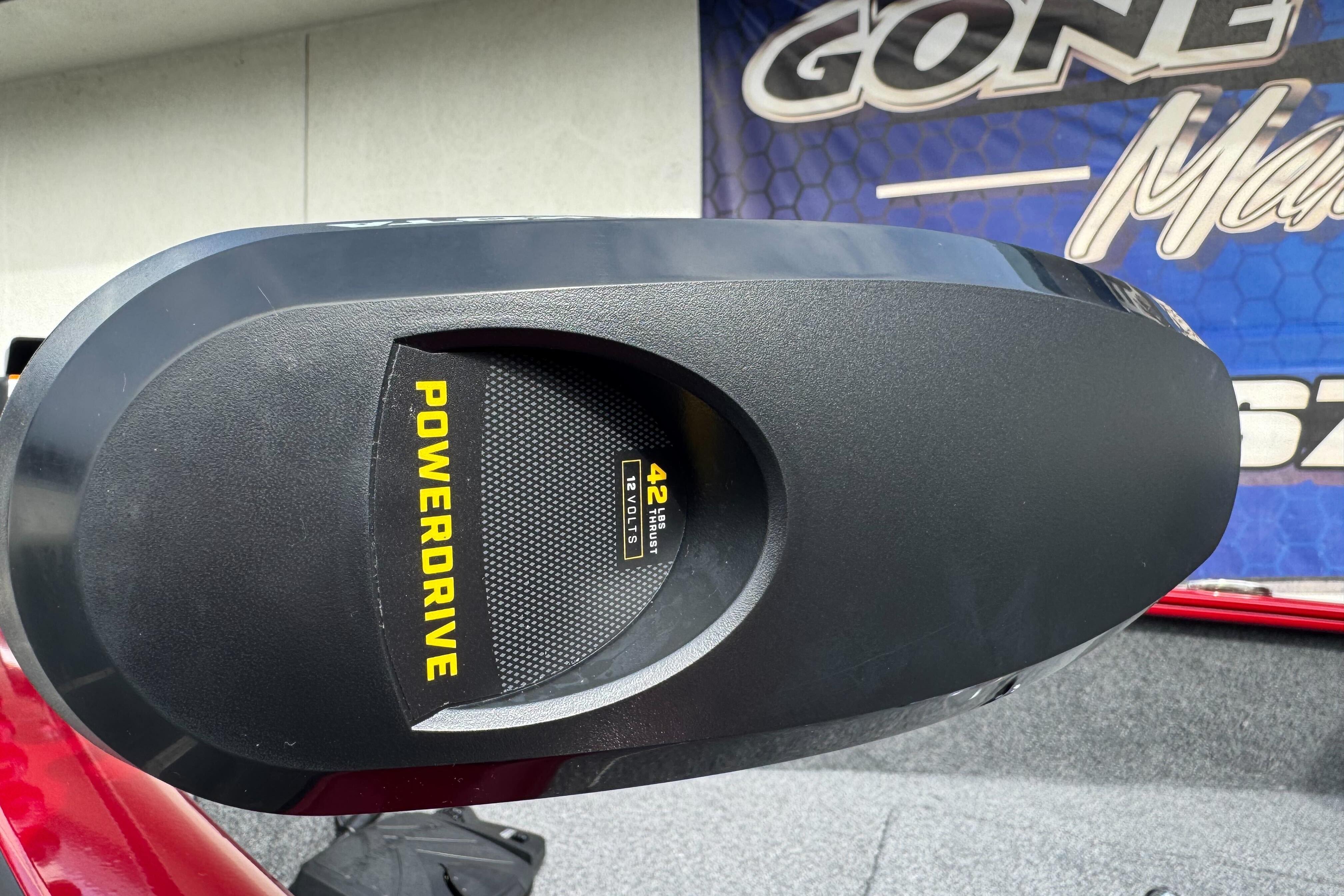 PowerDrive motor on 2026 Tracker Super Guide V-16 SC boat, showcasing 42 thrust, 12 volts.