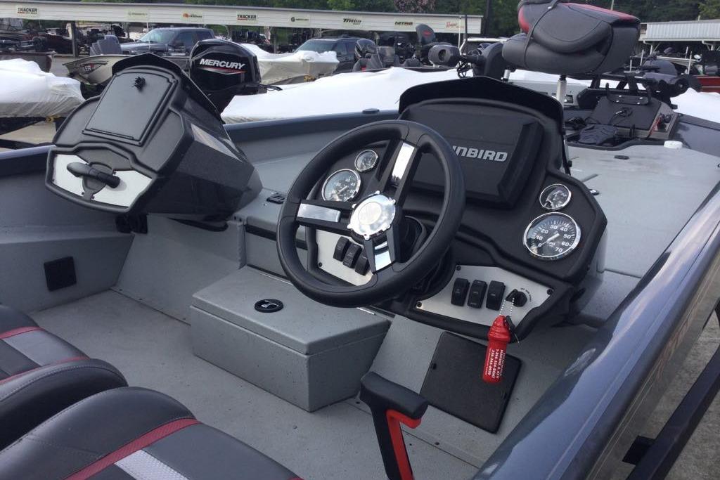 2021 Ranger RT198P boat dashboard with steering wheel and control panel.