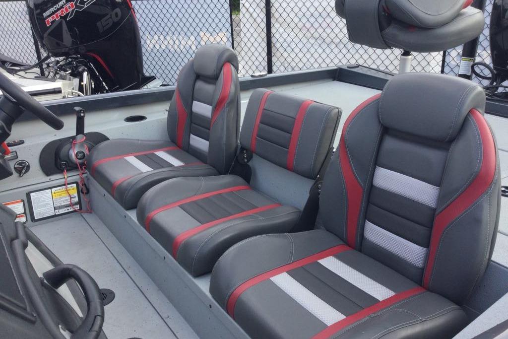 2021 Ranger RT198P boat interior with stylish gray and red seating.