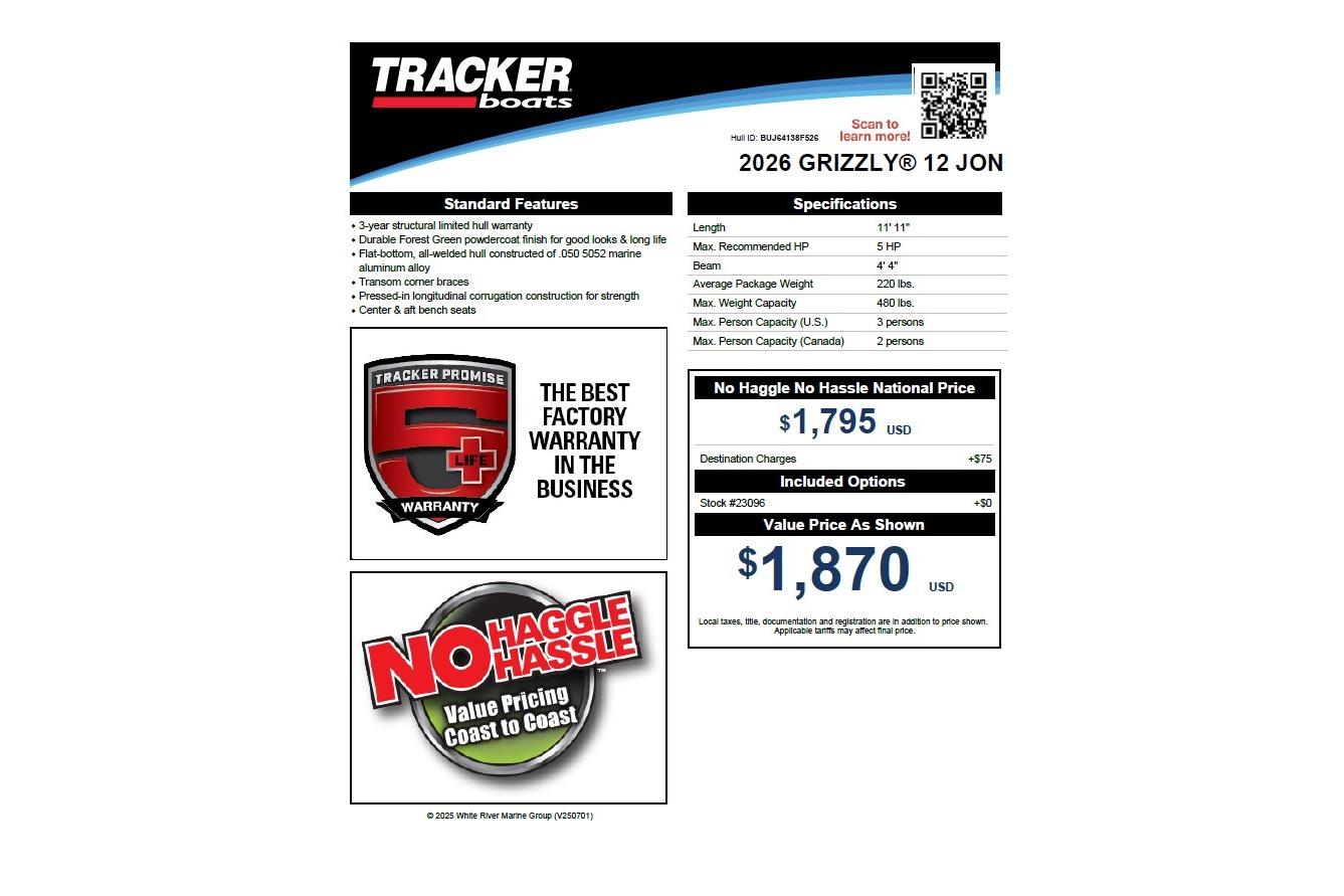 2026 Tracker Grizzly 12 Jon boat specifications and pricing details.