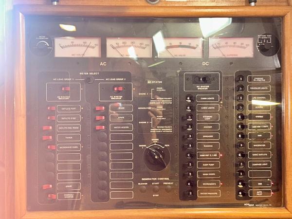 Electrical control panel of a 1999 Pacific Seacraft 40 Voyagemaker sailboat.