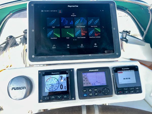 Control panel of a 1999 Pacific Seacraft 40 Voyagemaker sailboat with navigation instruments.
