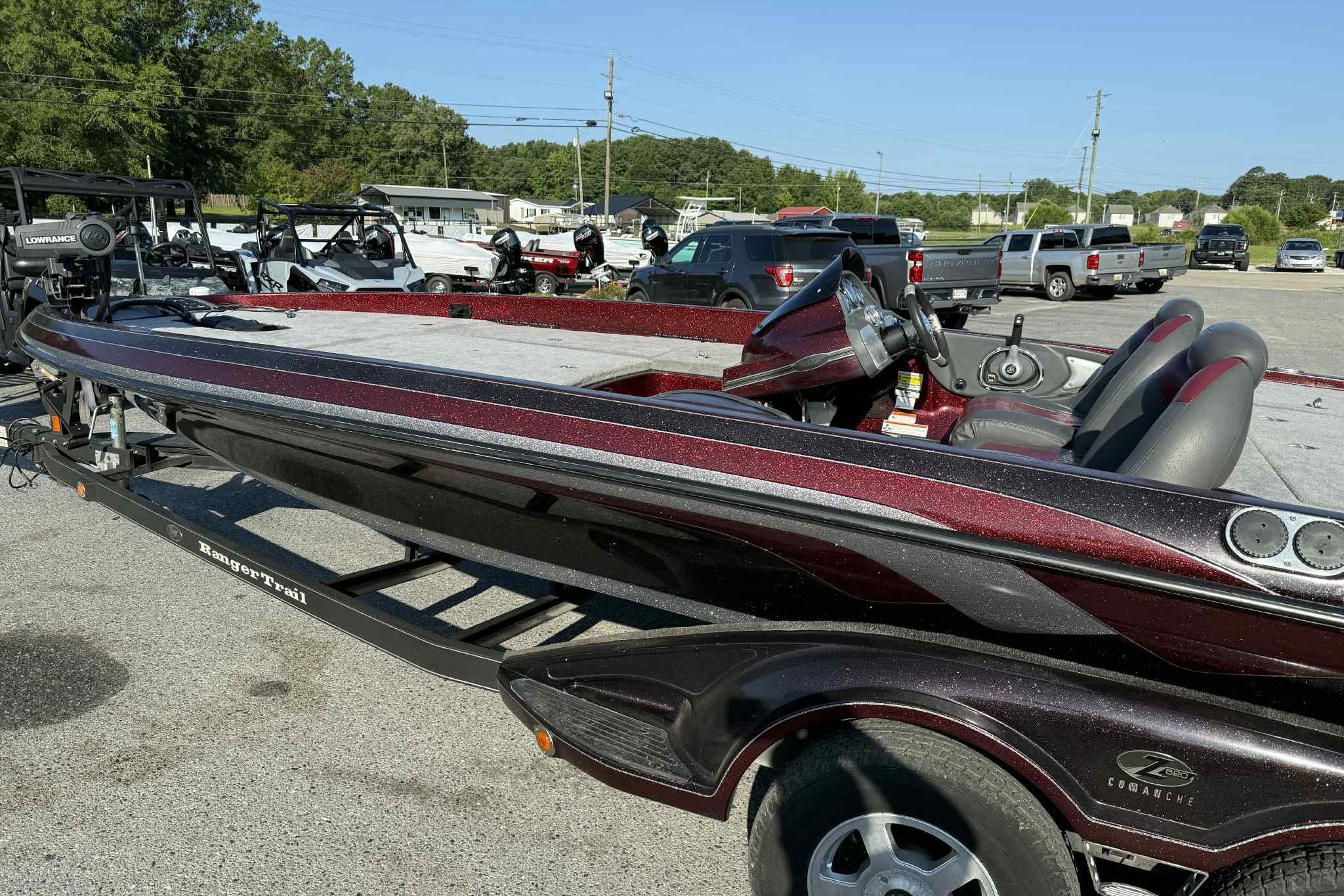2008 Ranger Z520 Comanche bass boat on trailer in parking lot.
