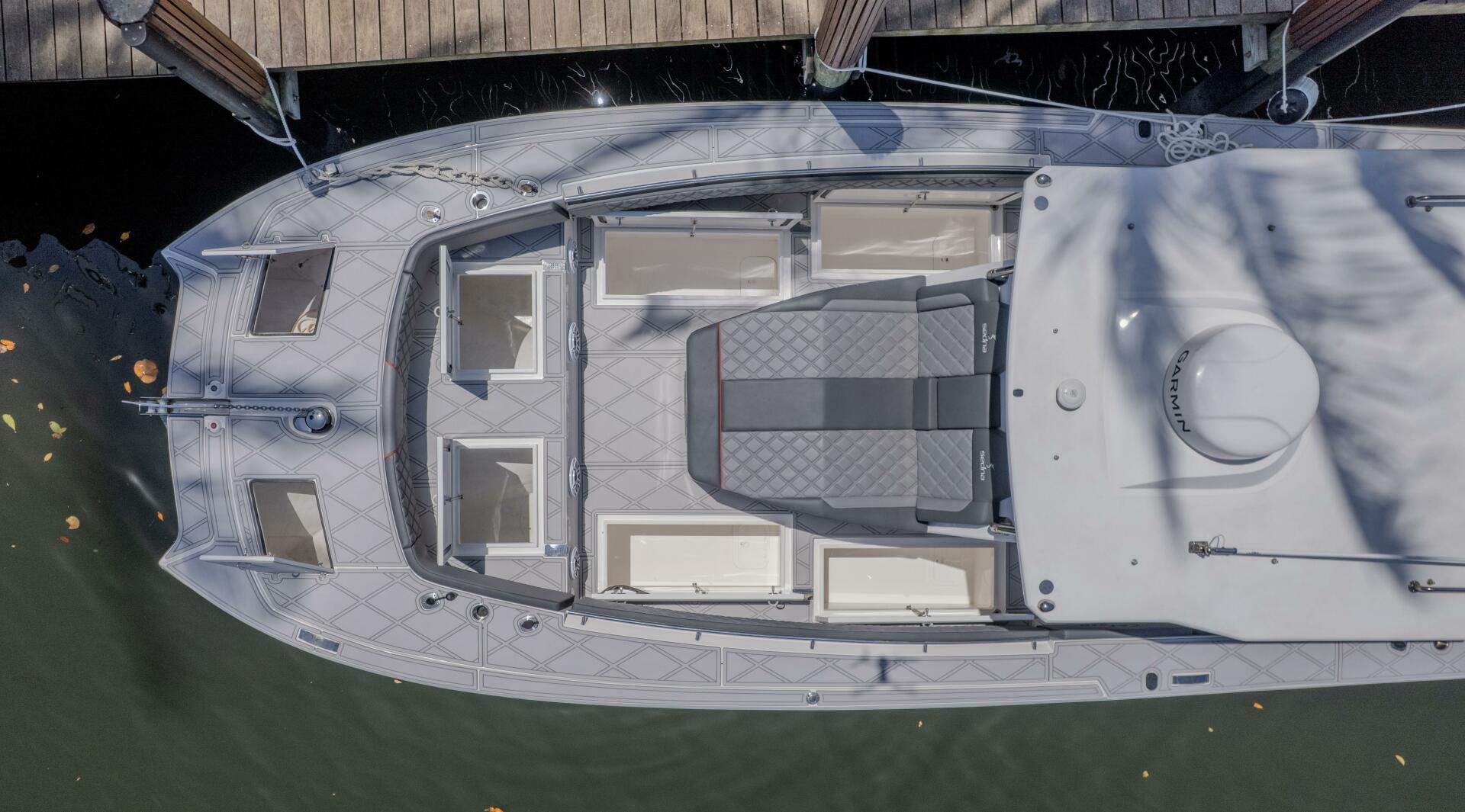 Sedna-37 Open 2025 -FL-US-Aerial view of 2025 Sedna 37 Open yacht docked, showcasing spacious deck layout.-9788651 | Thumbnail