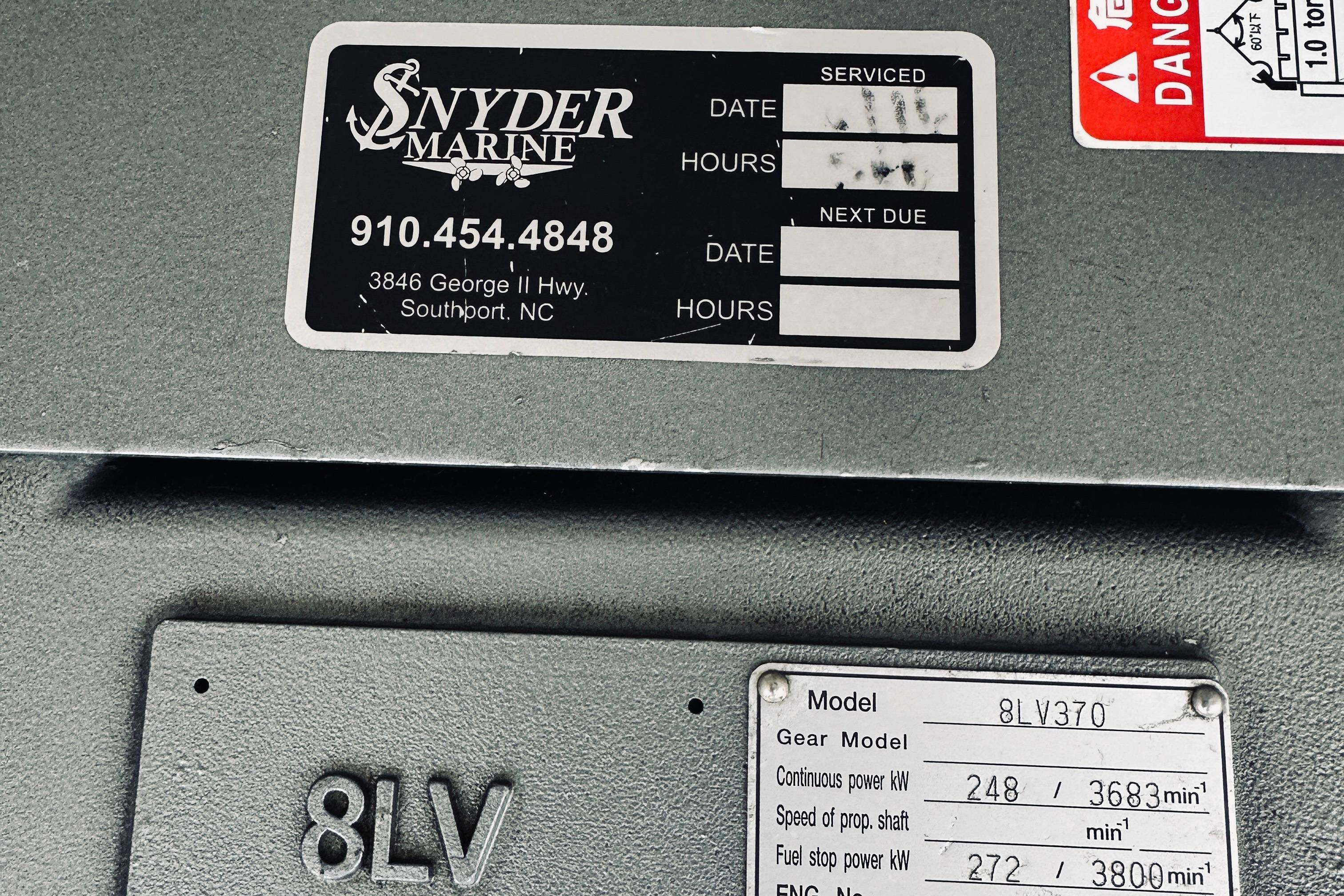 2013 Back Cove 30 engine details with Snyder Marine service label, Southport, NC.