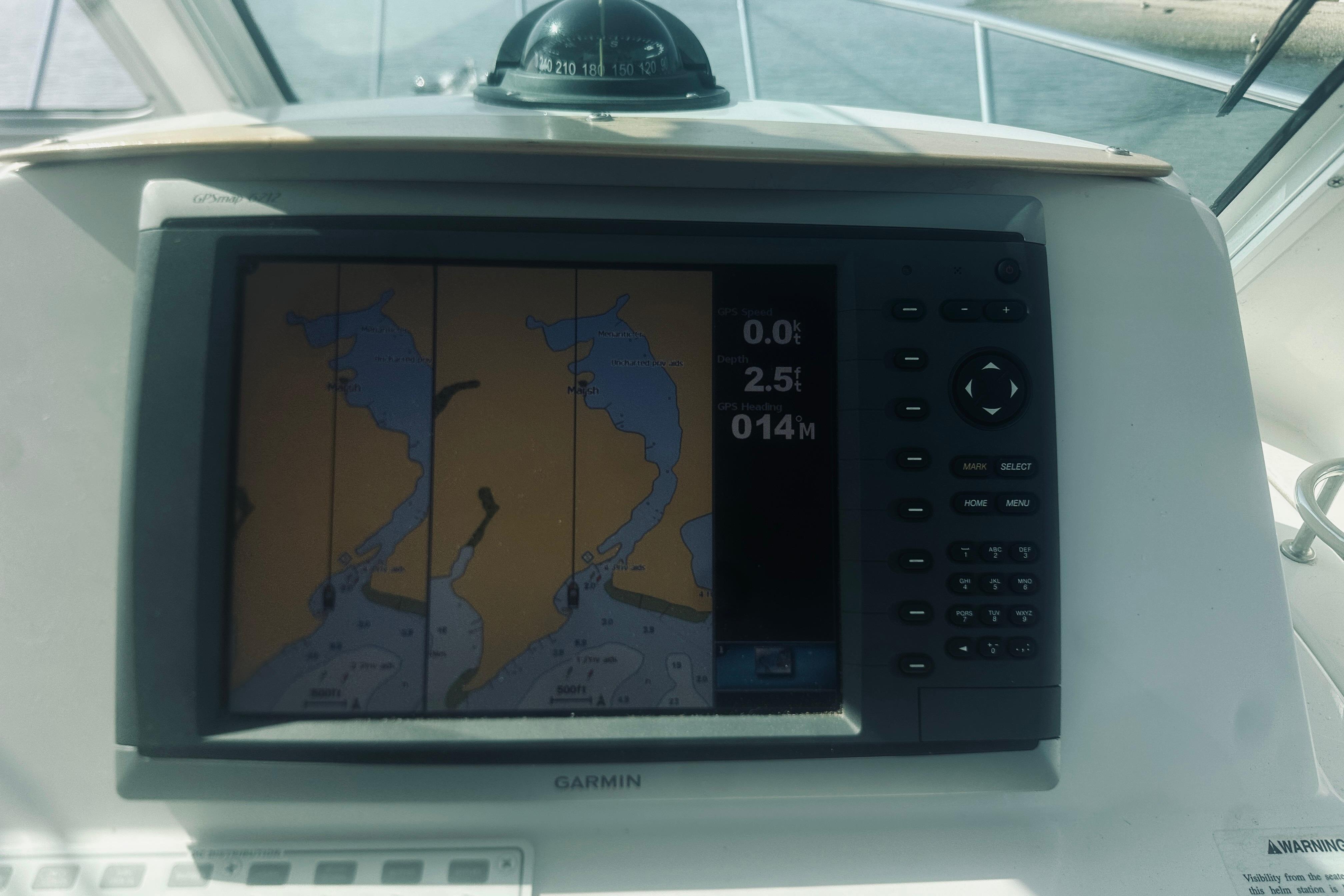Garmin navigation system on 2013 Back Cove 30 boat, displaying nautical chart.