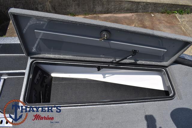 2023 Caymas CX20 Pro boat storage compartment open, showcasing spacious interior.