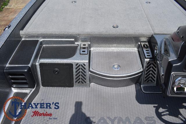 2023 Caymas CX20 Pro boat deck with storage compartments and Thayer's Marine logo.