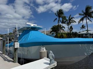 SeaVee-340Z 2024-REEL CRAFT FL-US-2024 SeaVee 340Z boat docked, covered in blue tarp, with palm trees in the background.-9768819 | Thumbnail