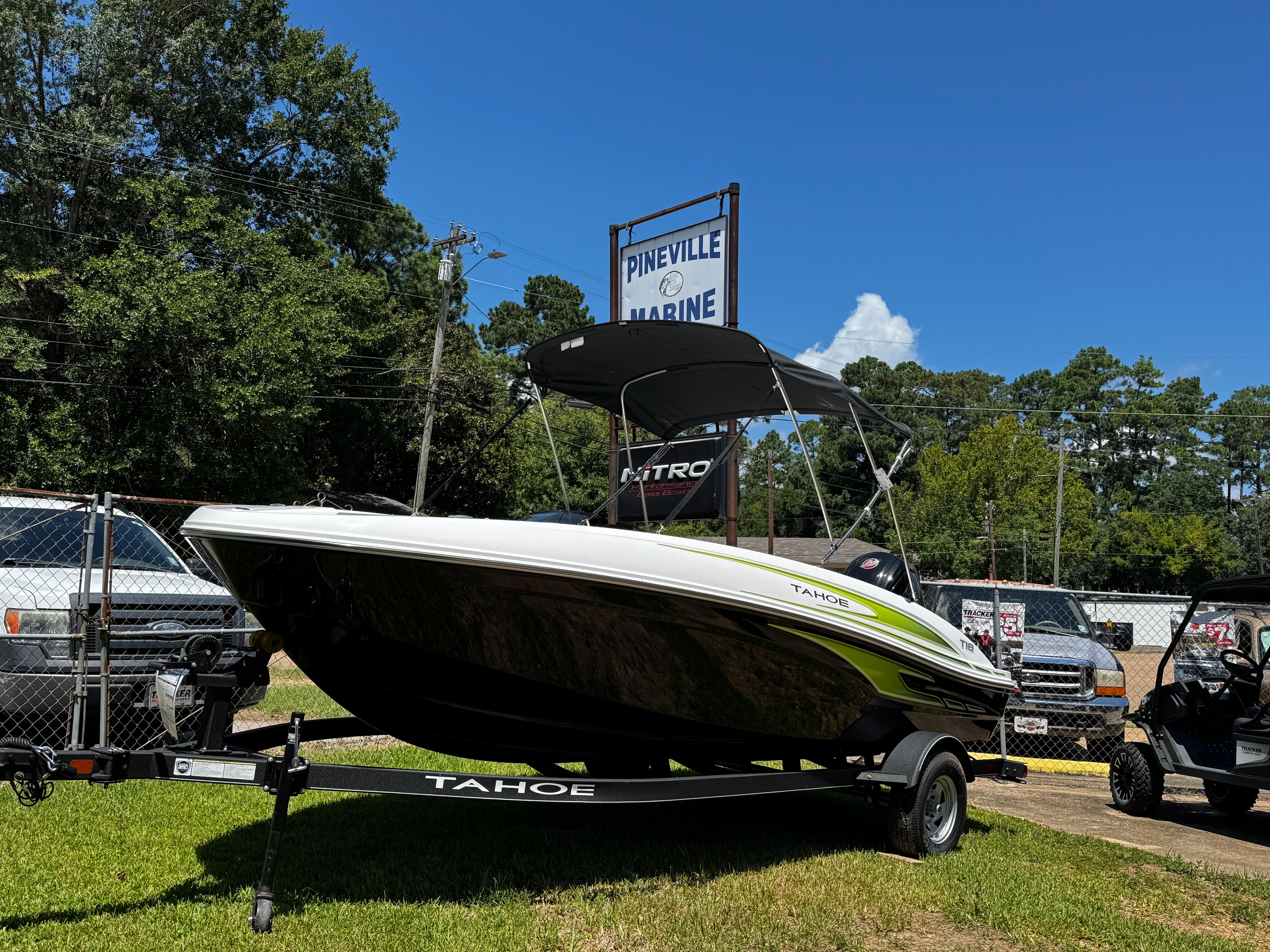 2024 Tahoe T18 boat on trailer at Pineville Marine dealership.