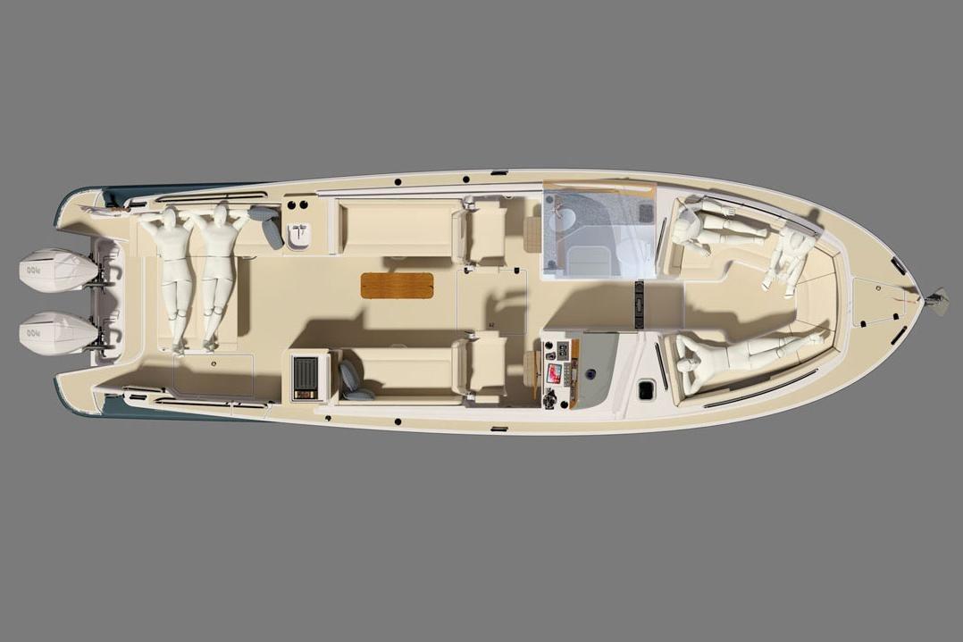 Top view of 2025 MJM 3 boat layout with seating and dual engines.