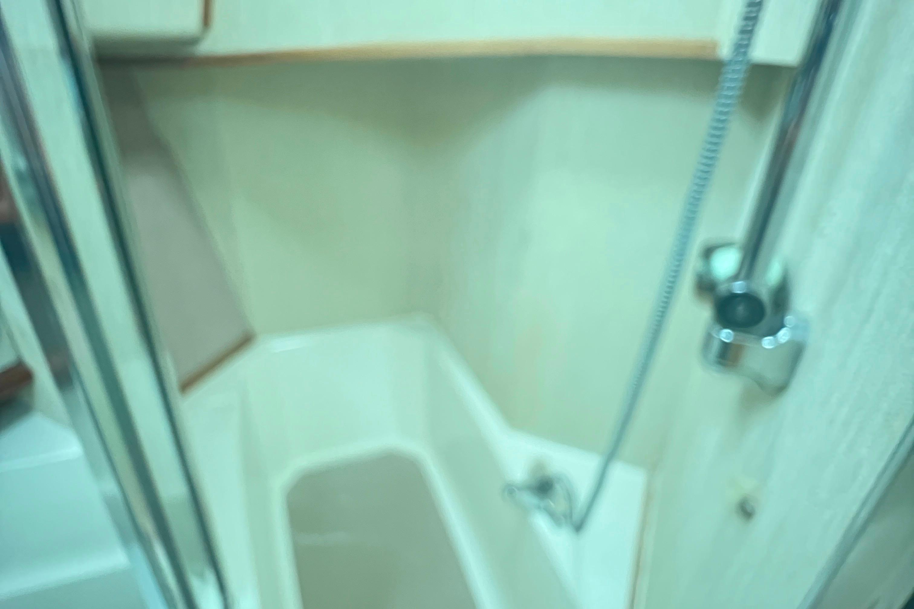 1986 Bayliner 4550 Motoryacht bathroom with shower and beige interior.