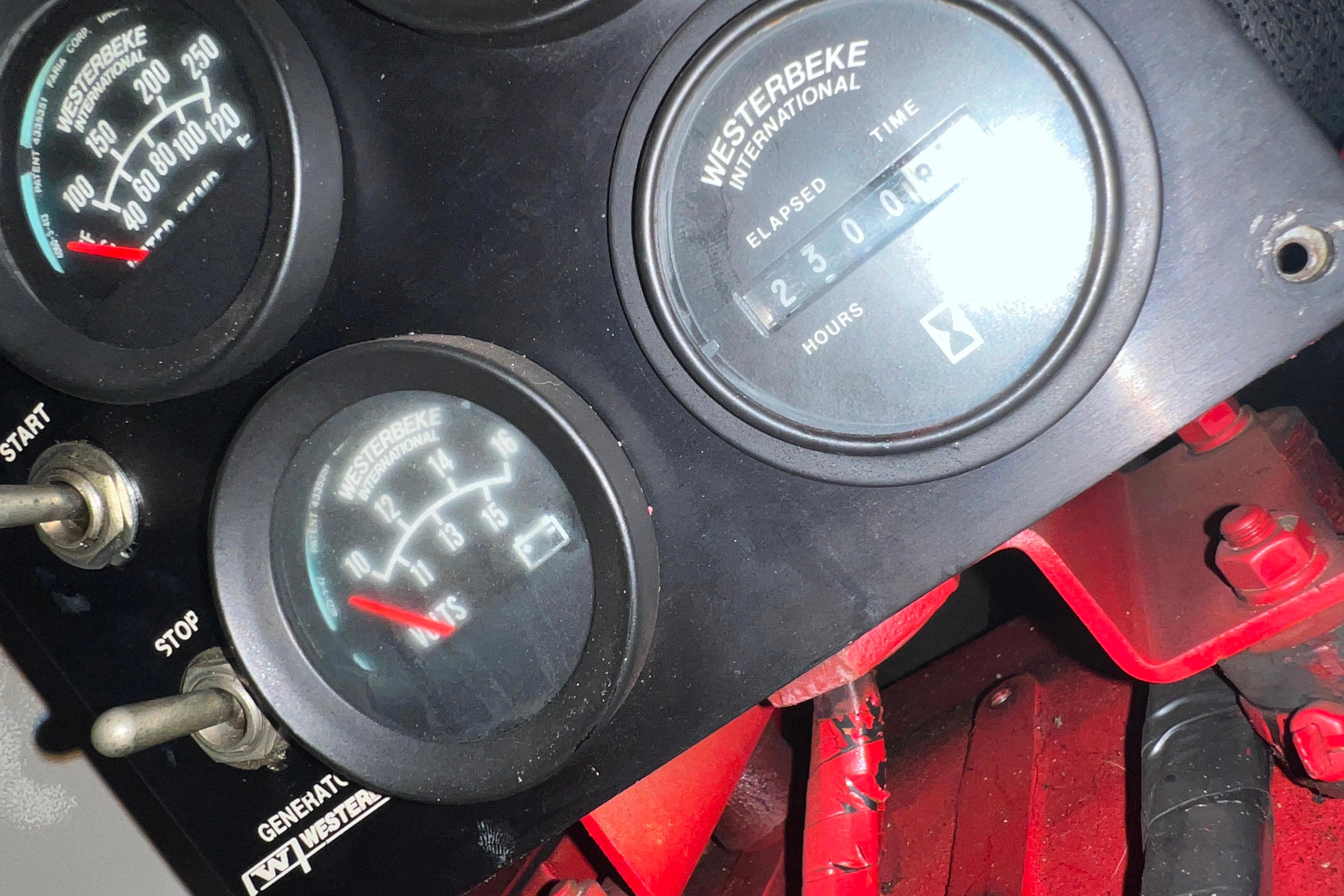 Close-up of Westerbeke gauges on 1986 Bayliner 4550 Motoryacht dashboard.