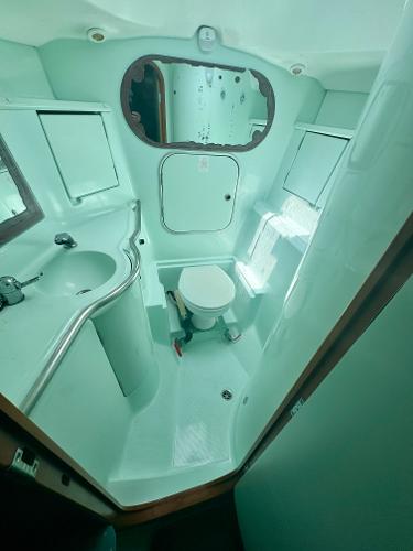 1996 Beneteau Oceanis 40 CC bathroom with sink, toilet, and mirror.
