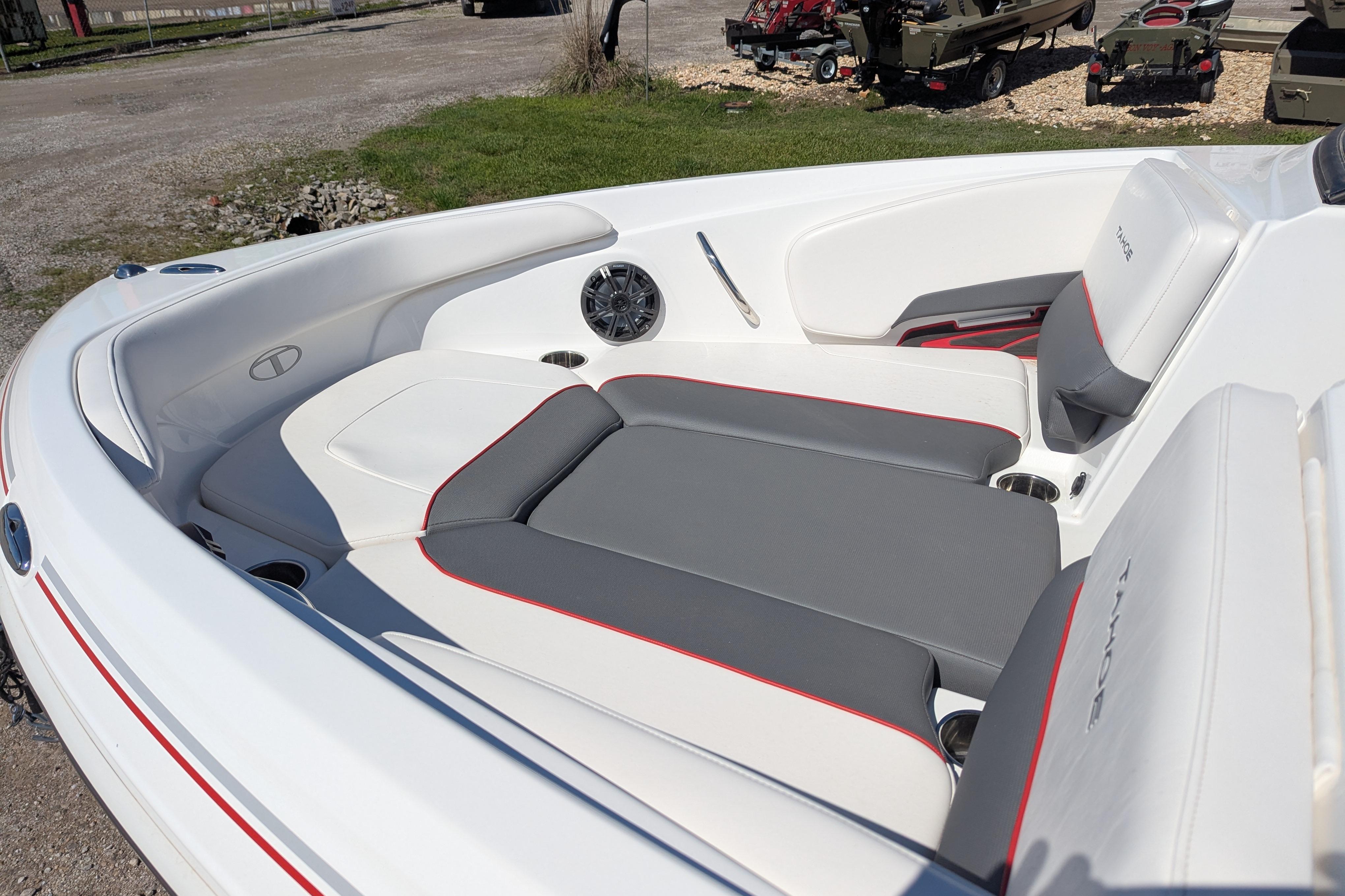 2022 Tahoe 210 S boat interior with gray and white seating.