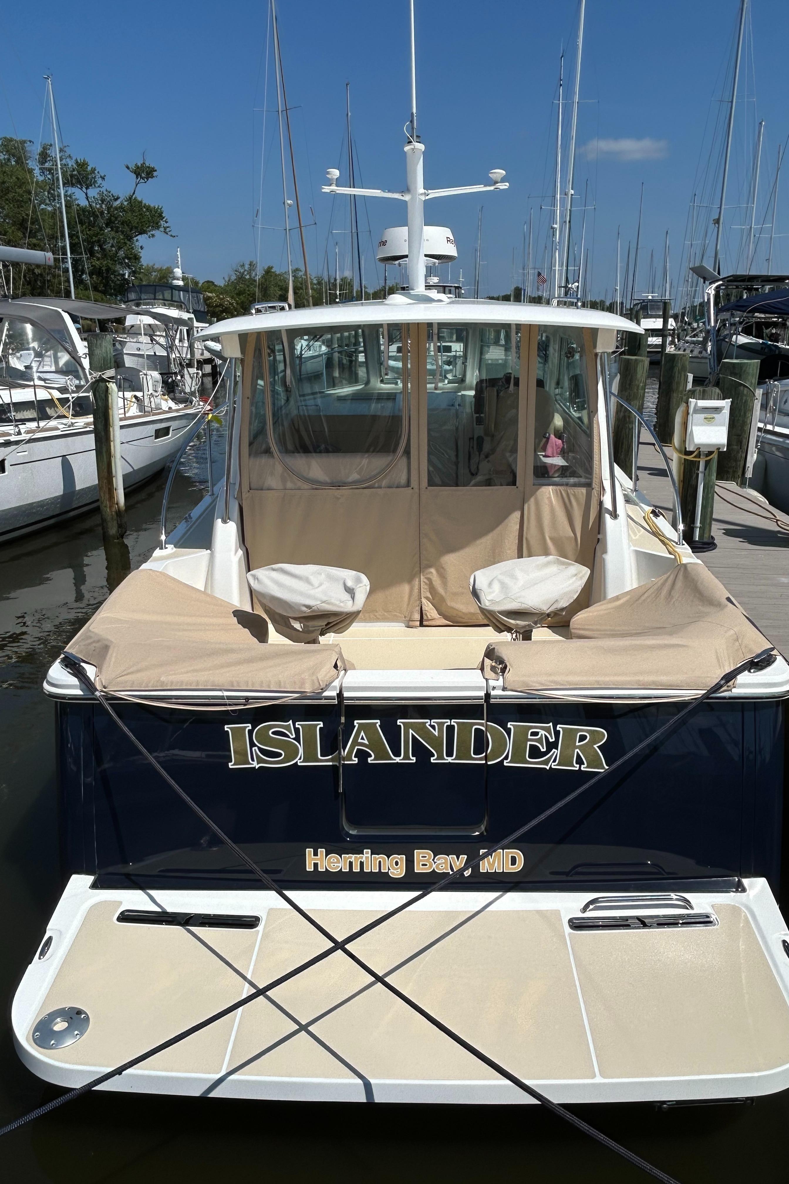 2018 Back Cove 32 boat docked, named u0022Islander,u0022 in Herring Bay, MD.