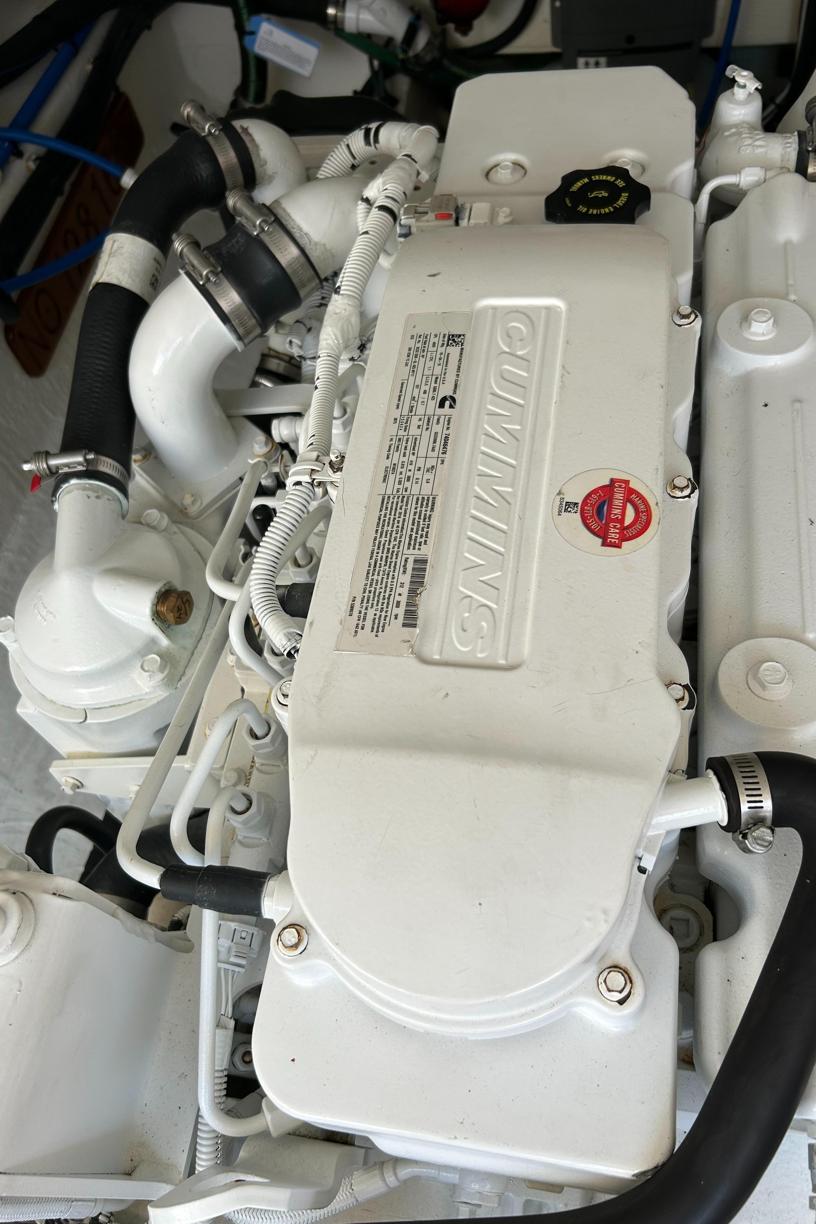 Engine of 2018 Back Cove 32 boat, featuring a Cummins marine engine.