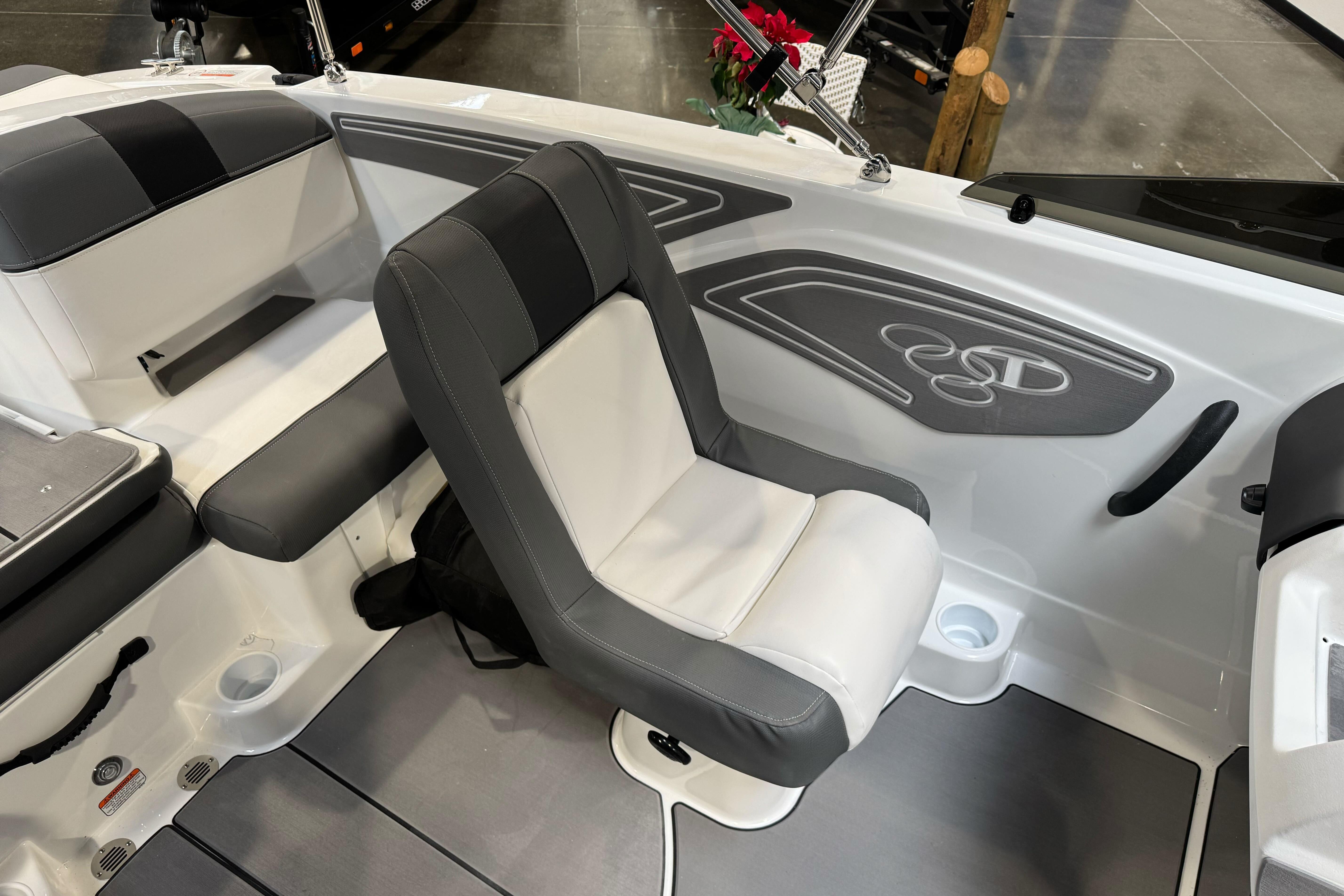 2026 Tahoe T21 boat interior with gray and white seating, modern design.