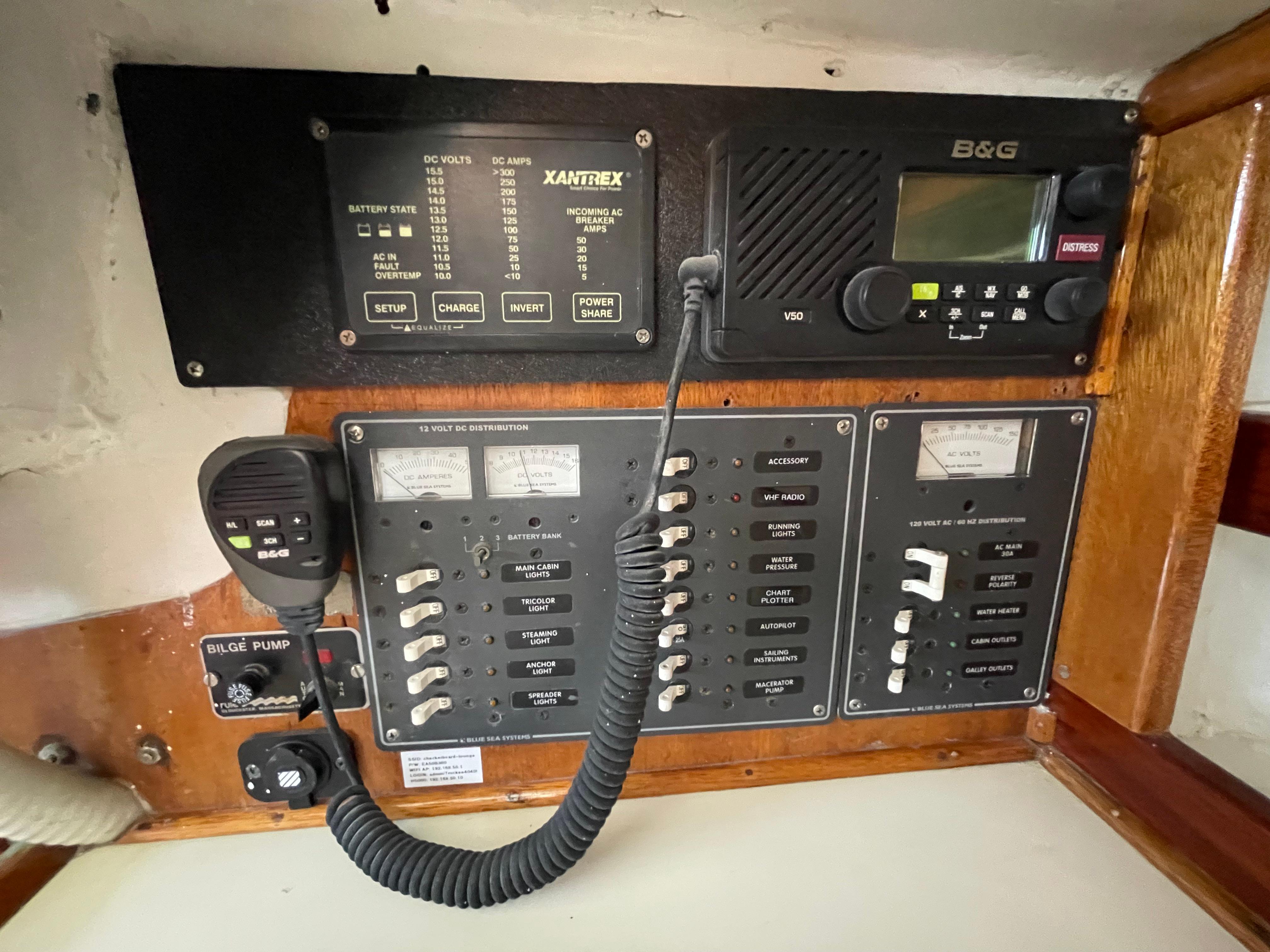 Electrical control panel on a 1964 CAL 40 sailboat, featuring various switches and gauges.