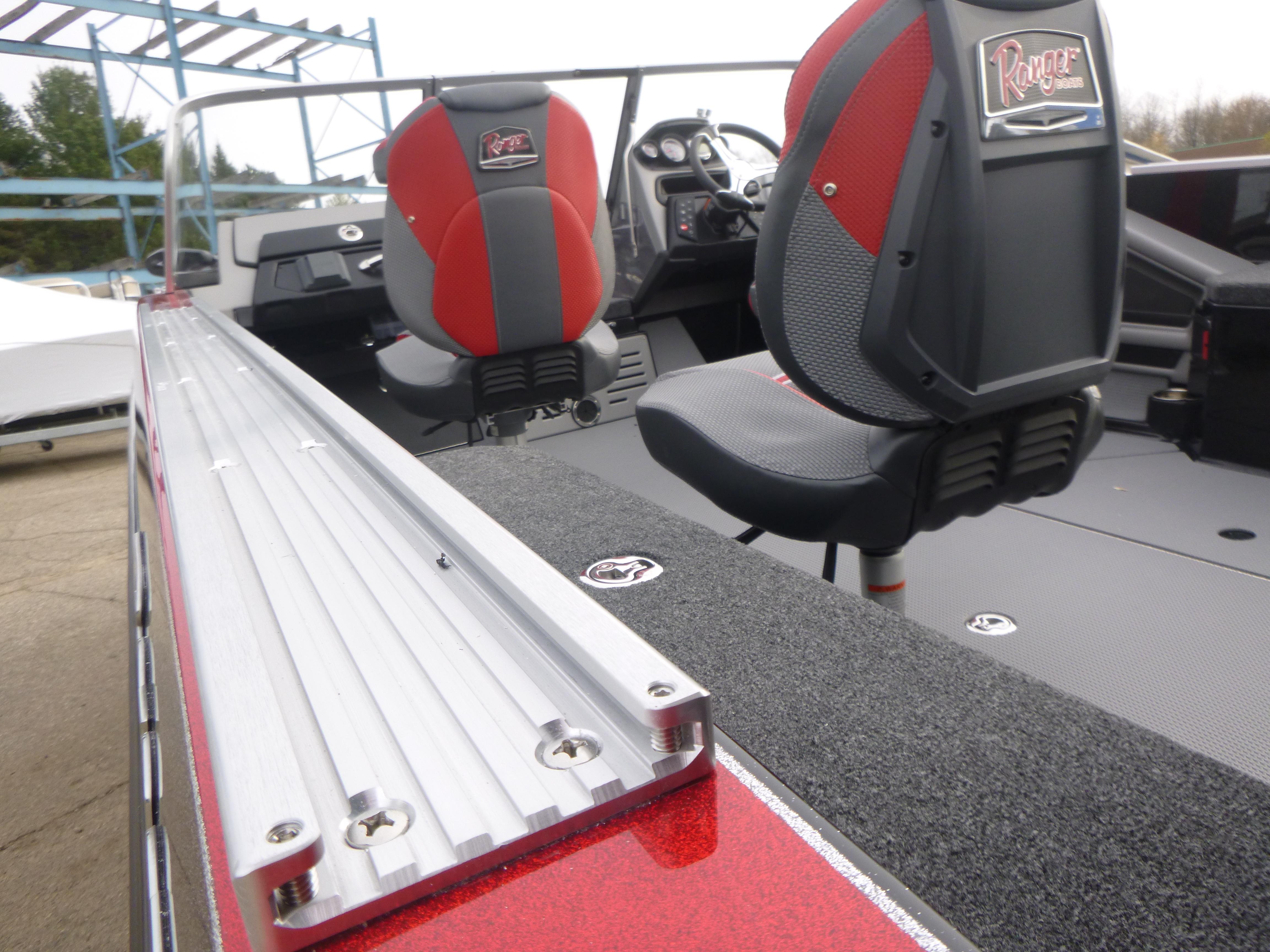 2025 Ranger 621FS Ranger Cup boat interior with red and black seating.