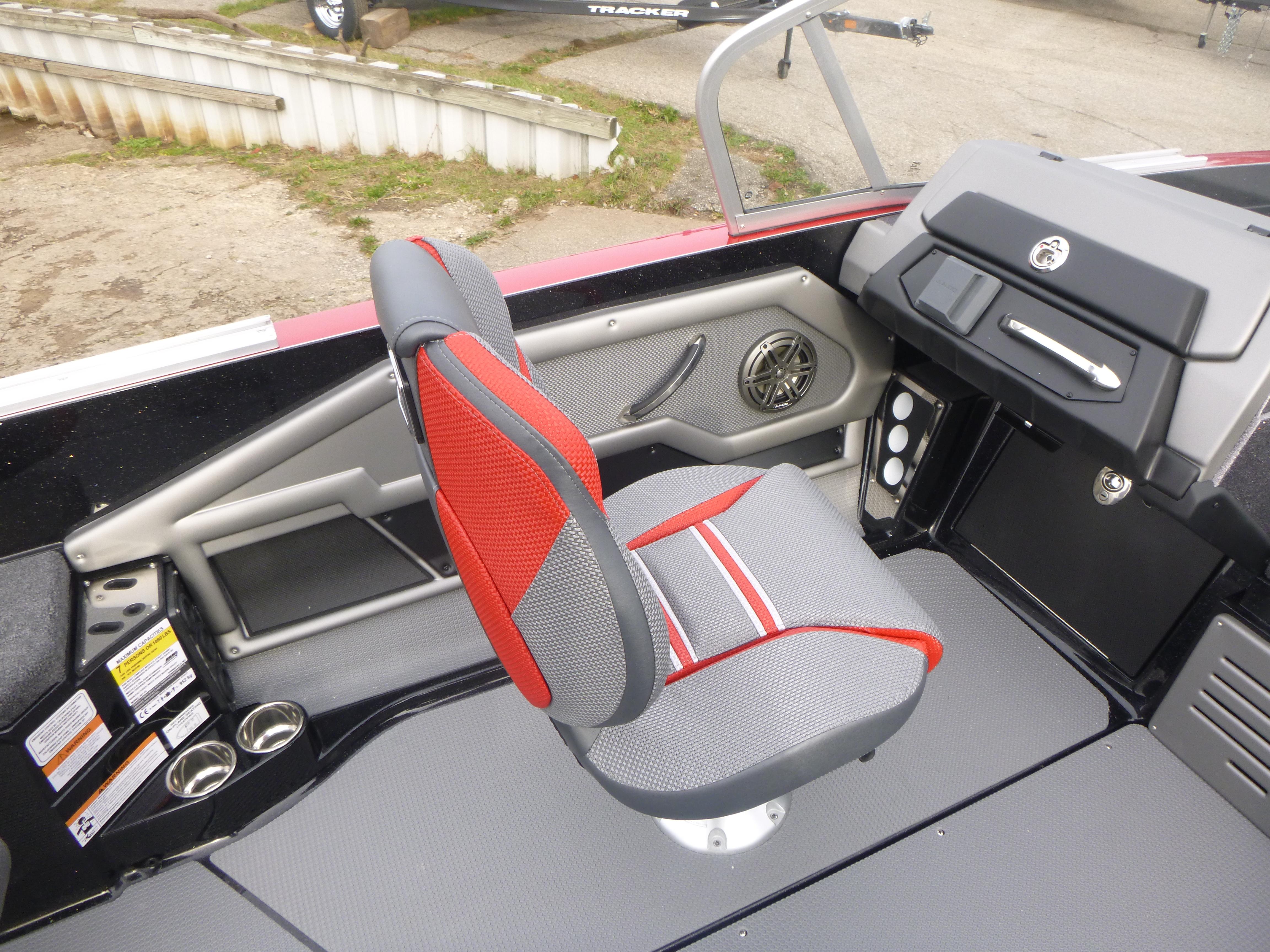 2025 Ranger 621FS Ranger Cup boat interior with red and gray seating.