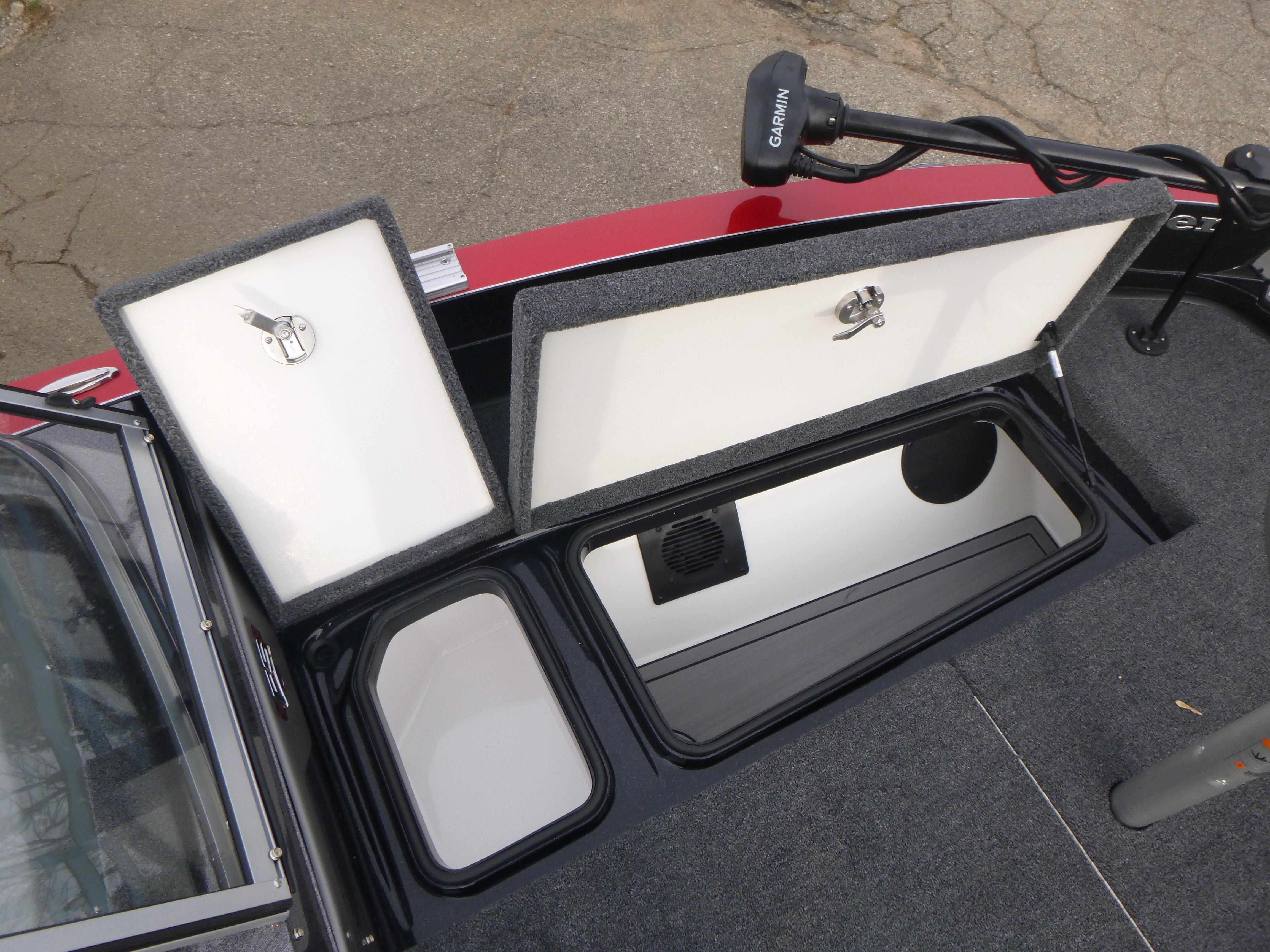 2025 Ranger 621FS boat storage compartments open, showcasing spacious interior design.