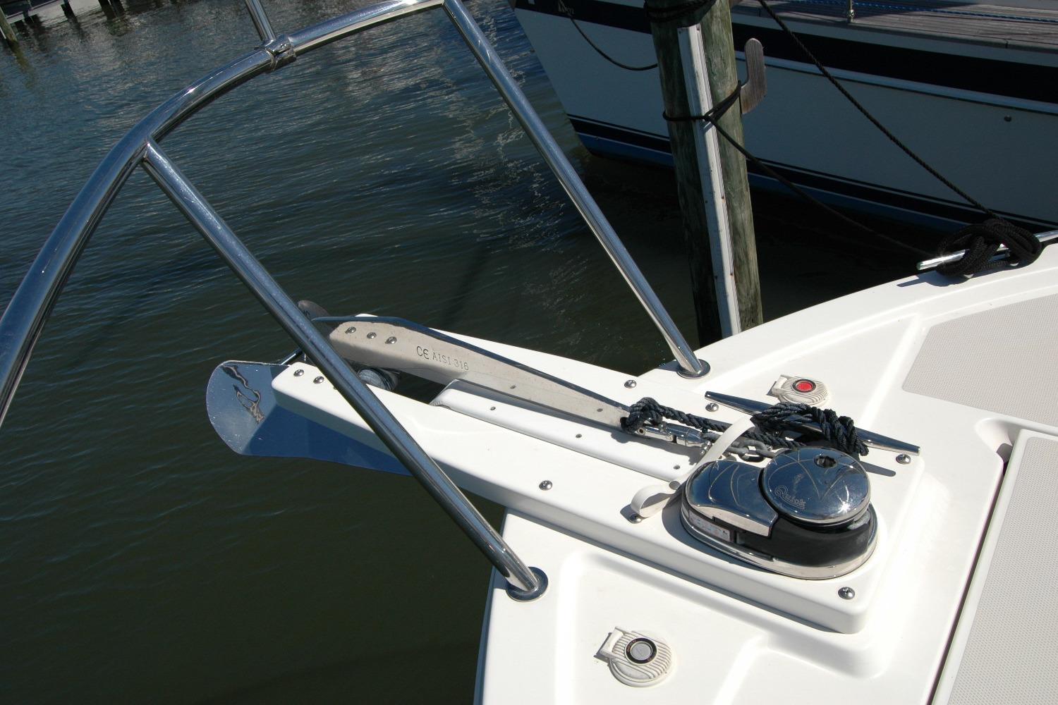 Bow of 2014 Back Cove 37 boat with anchor and winch system.