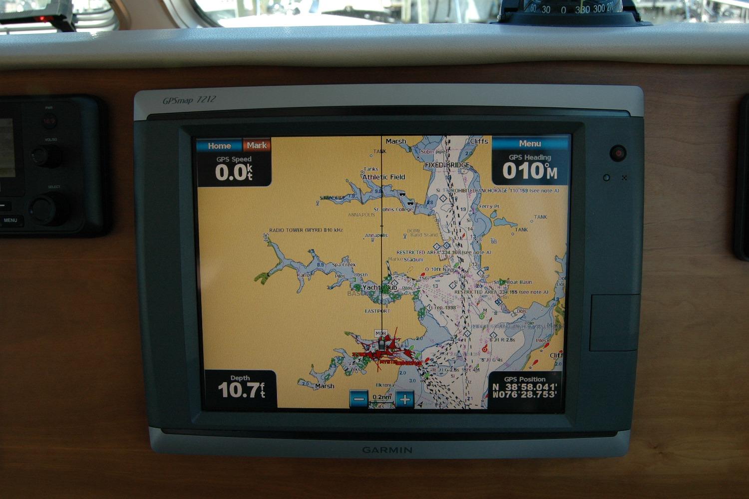 Garmin GPS display on 2014 Back Cove 37 boat, showing nautical map and navigation data.