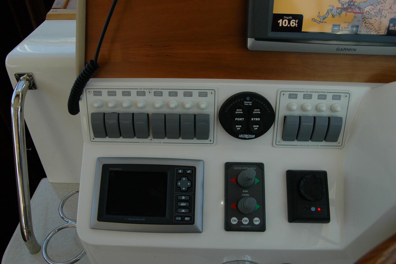 Control panel of a 2014 Back Cove 37 boat with navigation and distribution systems.