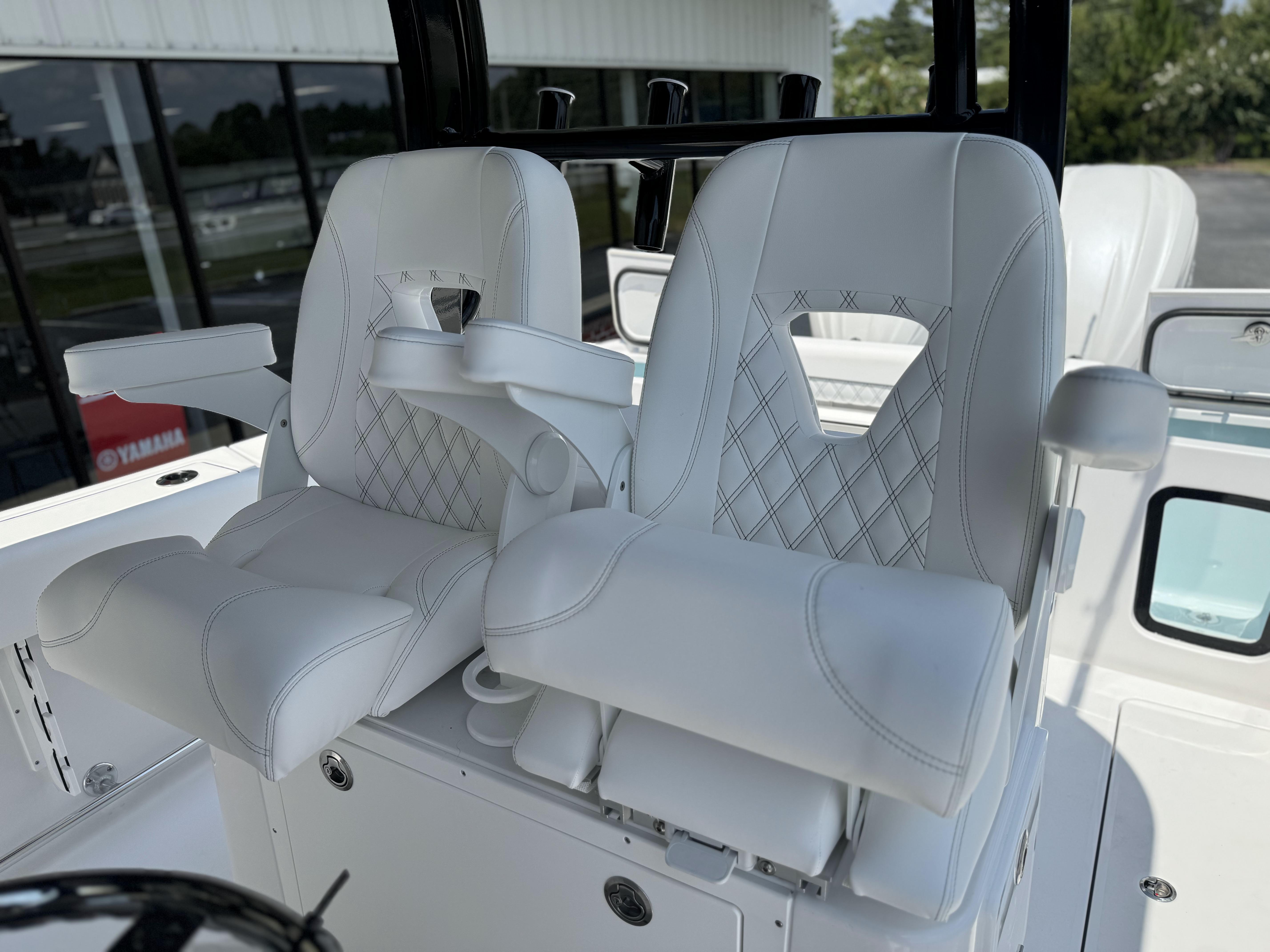 2025 Sportsman Open 282 Center Console, luxurious white seating detail.
