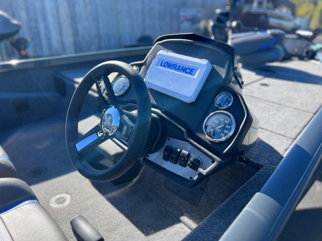 2023 Ranger RT198P boat dashboard with Lowrance electronics and steering wheel.