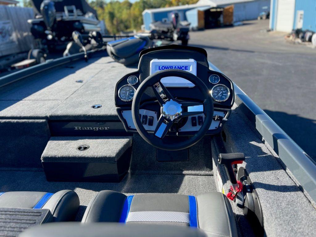 2023 Ranger RT198P boat interior with steering wheel and Lowrance display.