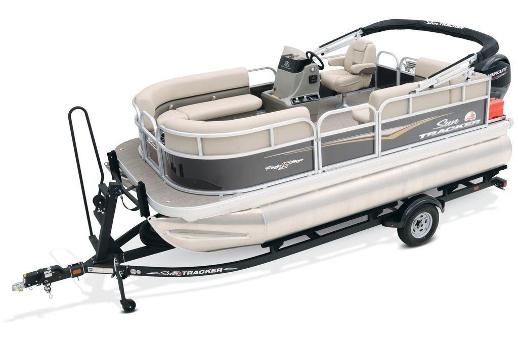 2025 Sun Tracker PARTY BARGE® 16 DLX pontoon boat on trailer, side view.