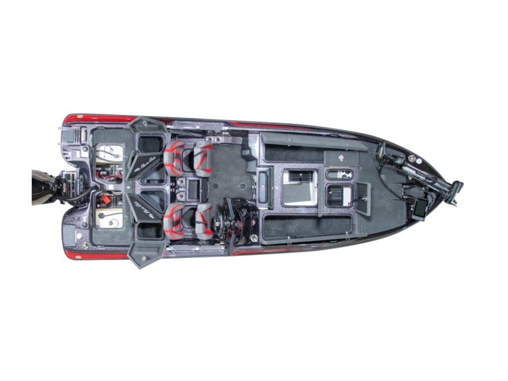2023 Bass Cat Cougar FTD boat interior, top view, showcasing seating and storage compartments.