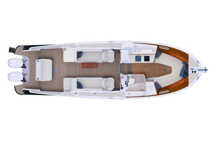 Top view of 2023 MJM 35 boat layout with twin engines and spacious deck.