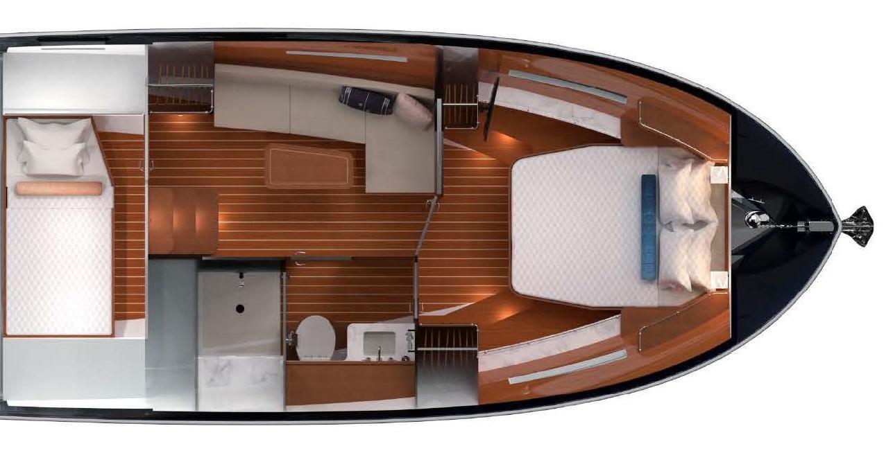 Interior layout of 2025 MJM 42 yacht, featuring bedrooms, seating, and bathroom.