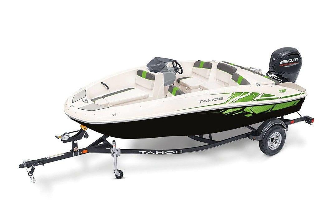 2024 Tahoe T16 boat on trailer, featuring sleek design and green accents.