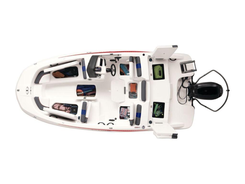 2024 Tahoe T16 boat, top view, showcasing seating and storage layout.